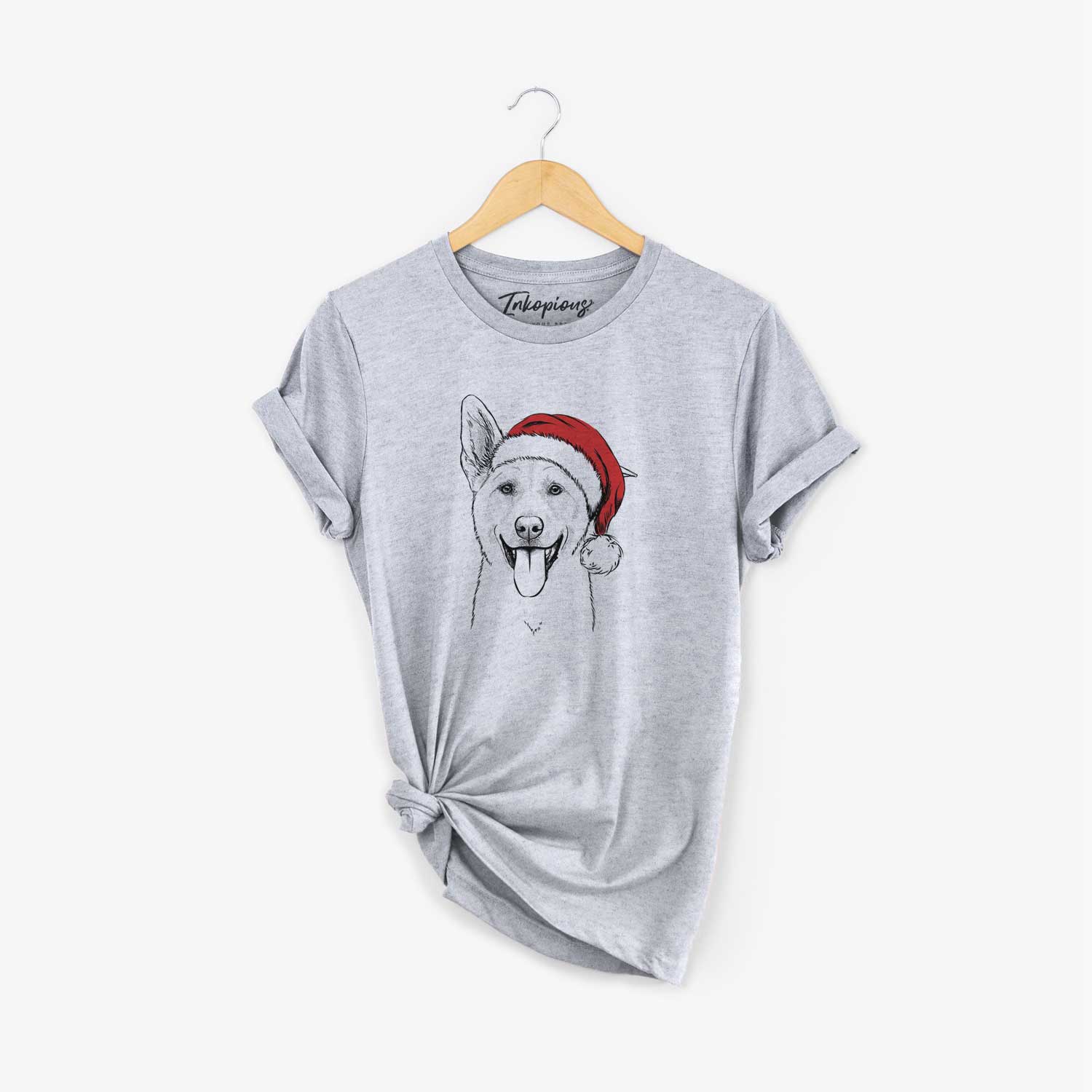 Hand-drawn sketch of Hoya the Korean Jindo wearing a Santa hat on a Grey Unisex crewneck