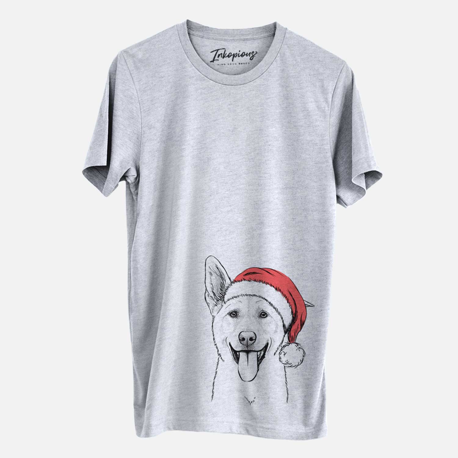 Hand-drawn sketch of Hoya the Korean Jindo wearing a Santa hat on a Grey Unisex crewneck