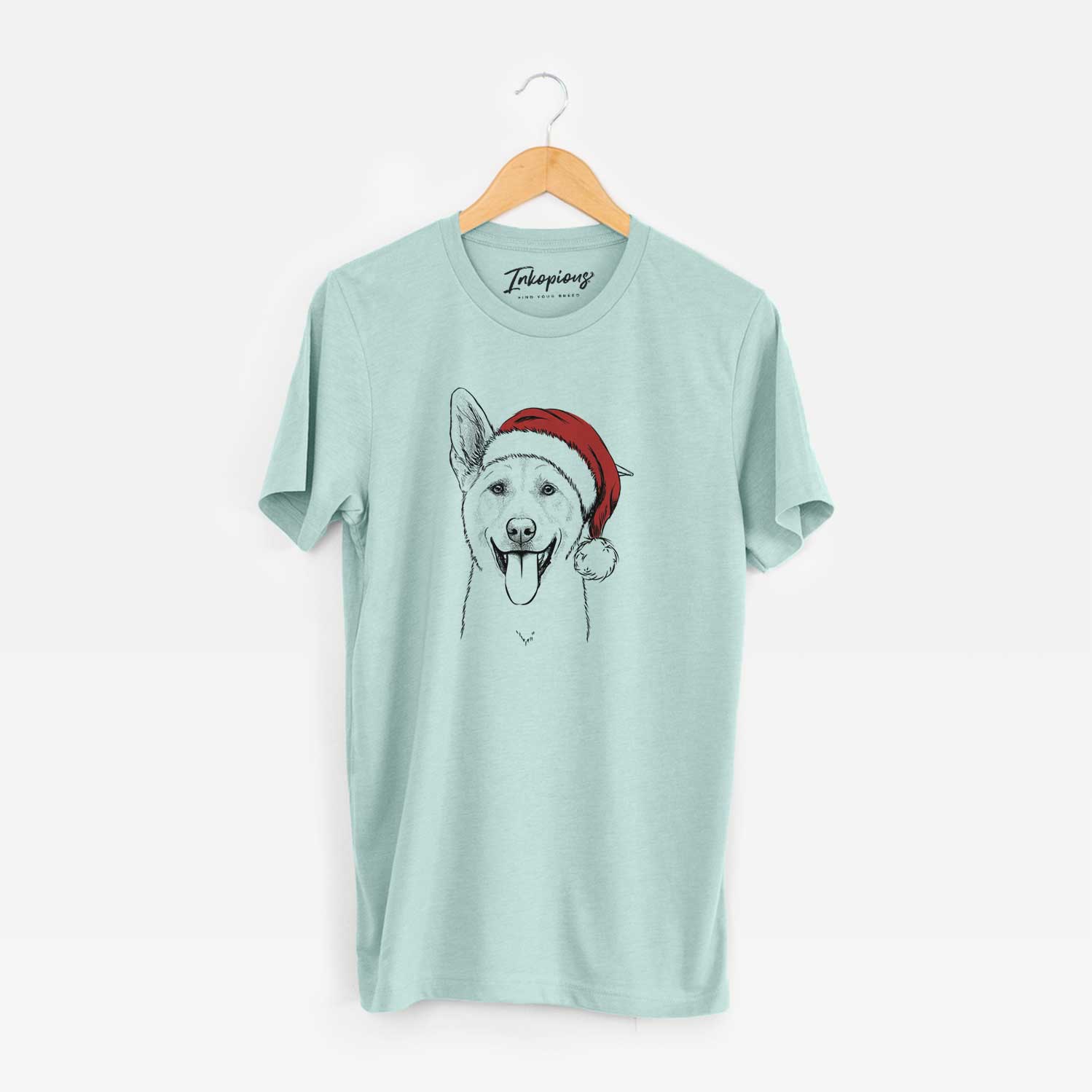 Hand-drawn sketch of Hoya the Korean Jindo wearing a Santa hat on a Heather Sage Unisex crewneck