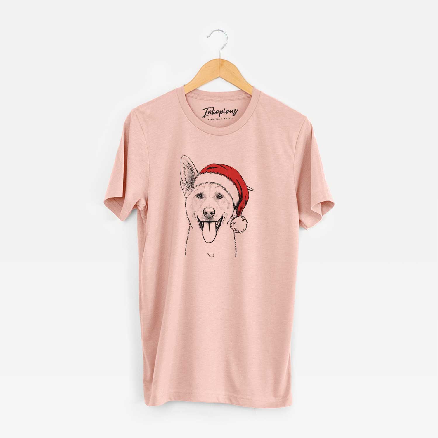 Hand-drawn sketch of Hoya the Korean Jindo wearing a Santa hat on a Peach Unisex crewneck