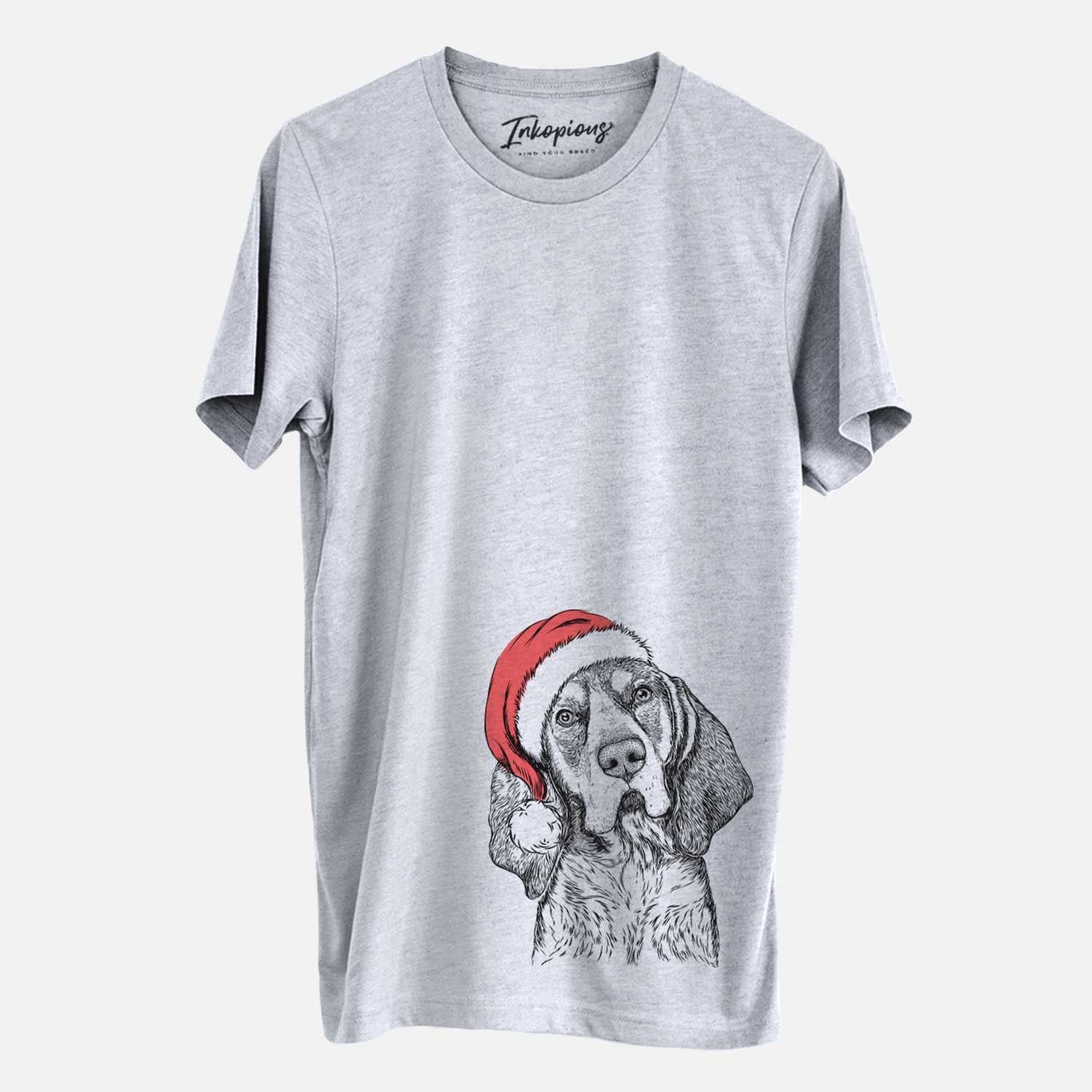 Hand-drawn sketch of Huck the Bluetick Coonhound wearing a Santa hat on a Grey Unisex crewneck