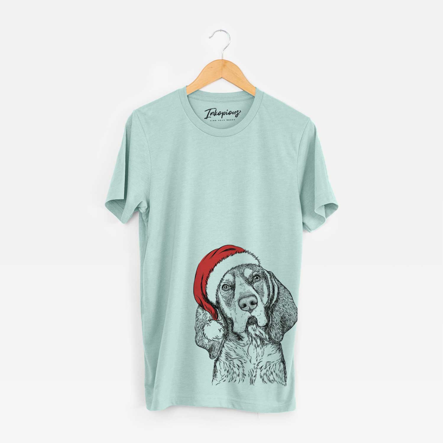 Hand-drawn sketch of Huck the Bluetick Coonhound wearing a Santa hat on a Heather Sage Unisex crewneck