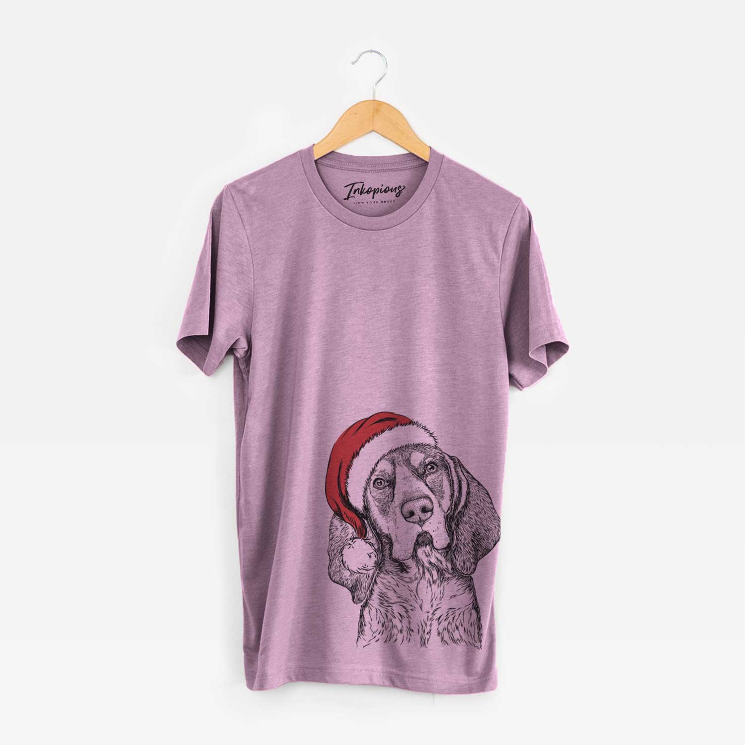 Hand-drawn sketch of Huck the Bluetick Coonhound wearing a Santa hat on an Orchid Unisex crewneck