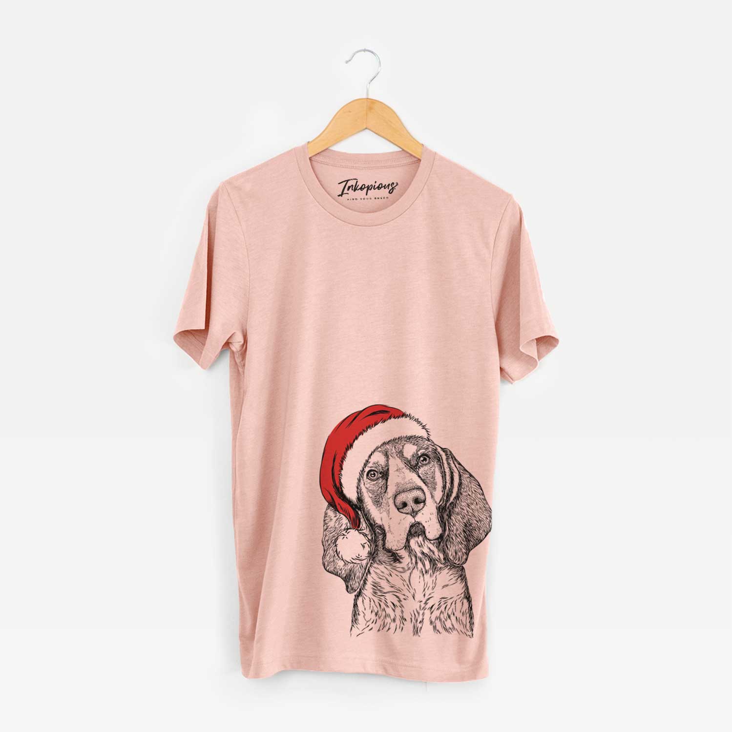 Hand-drawn sketch of Huck the Bluetick Coonhound wearing a Santa hat on a Peach Unisex crewneck