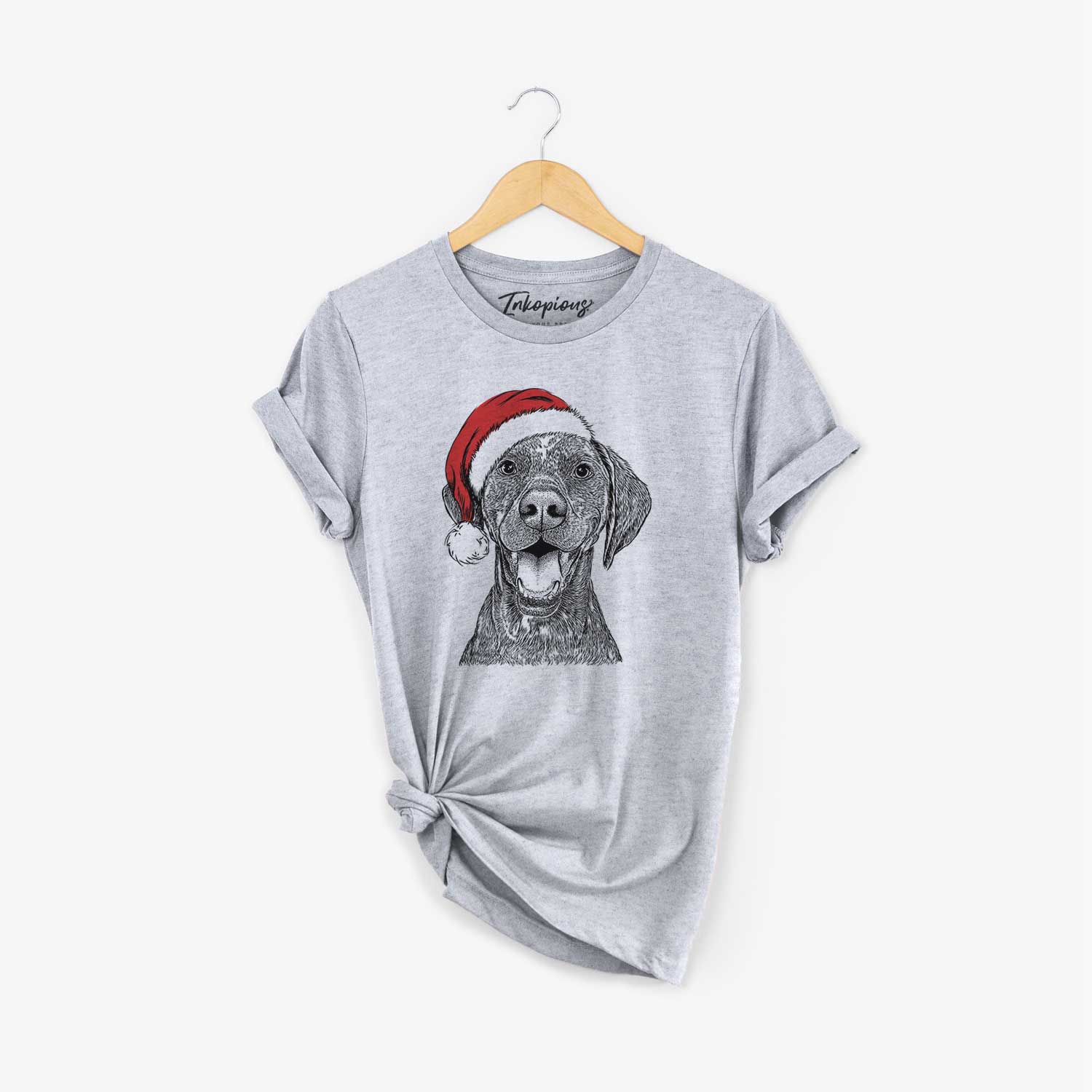 Hand-drawn sketch of Hudson the German Shorthaired Pointer wearing a Santa hat on a Grey Unisex crewneck