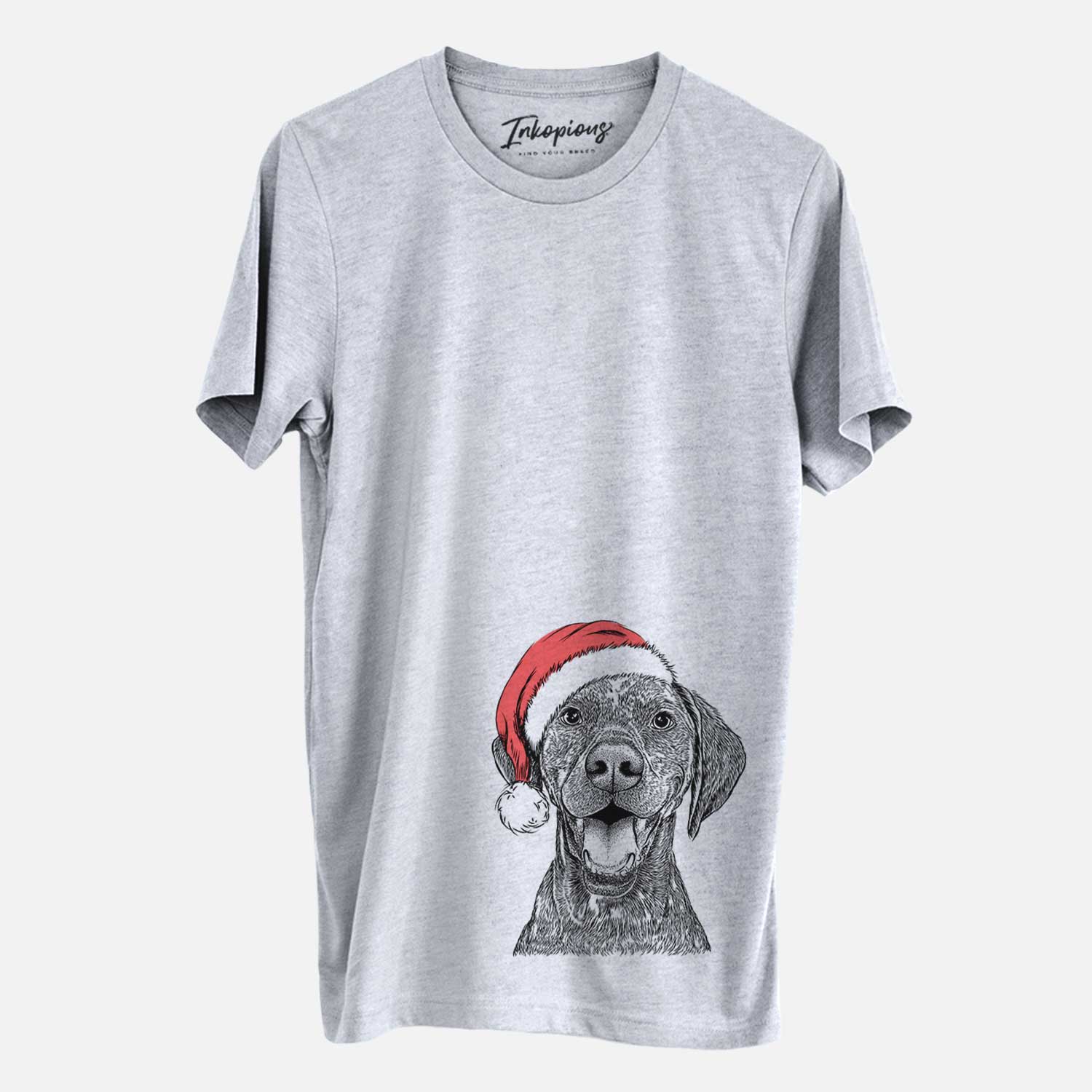 Hand-drawn sketch of Hudson the German Shorthaired Pointer wearing a Santa hat on a Grey Unisex crewneck
