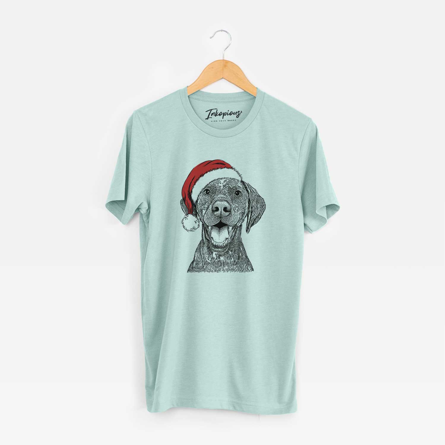 Hand-drawn sketch of Hudson the German Shorthaired Pointer wearing a Santa hat on a Heather Sage Unisex crewneck