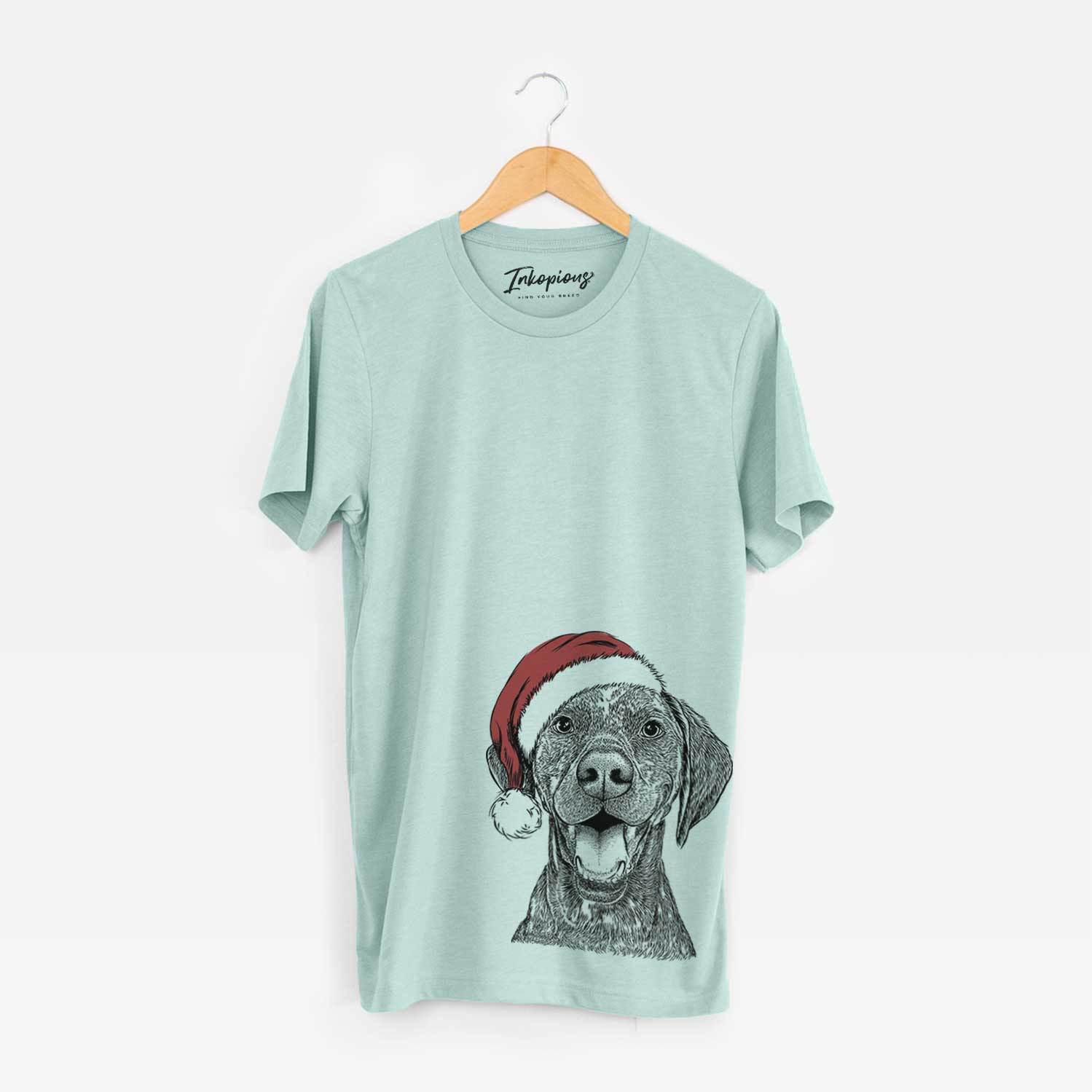 Hand-drawn sketch of Hudson the German Shorthaired Pointer wearing a Santa hat on a Heather Sage Unisex crewneck