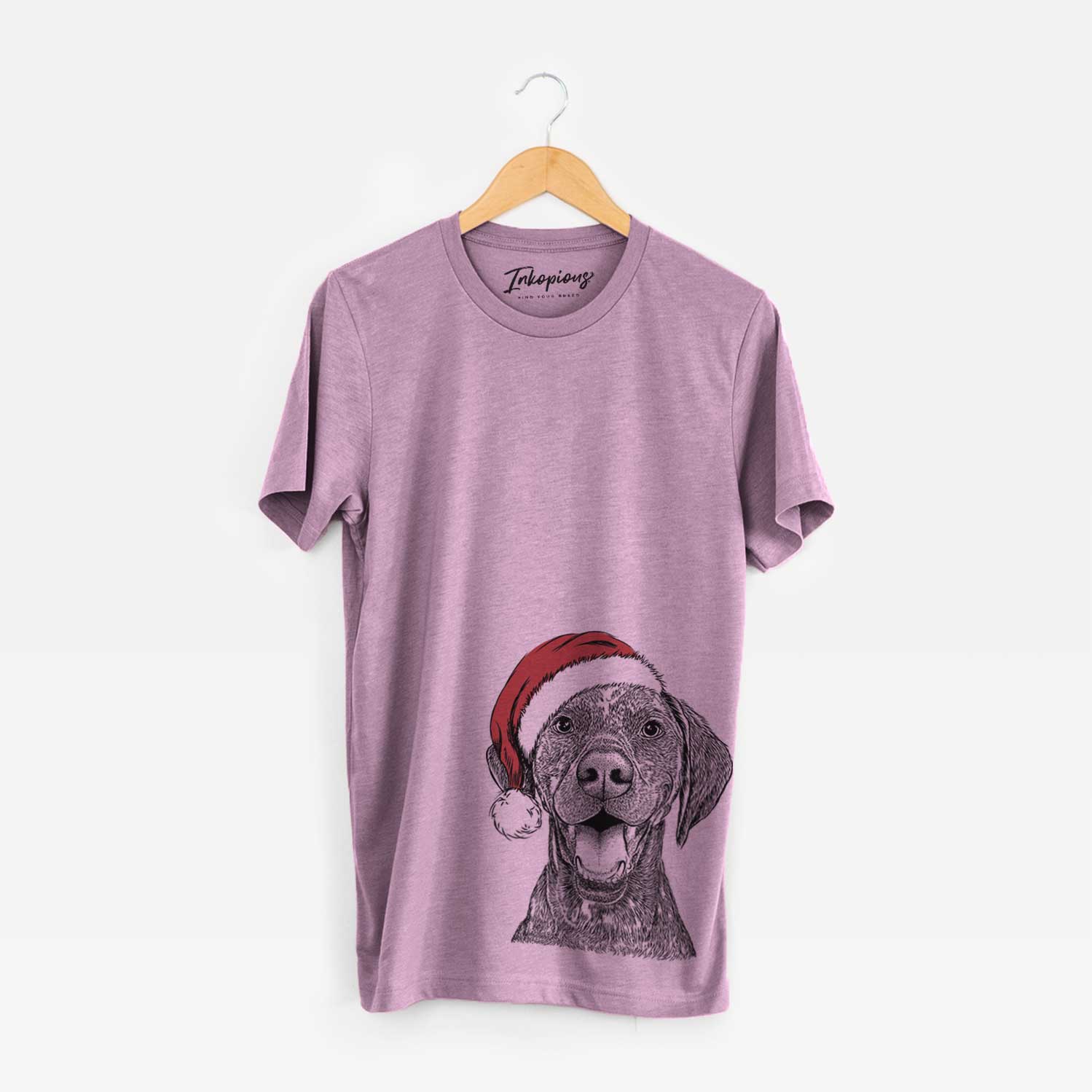 Hand-drawn sketch of Hudson the German Shorthaired Pointer wearing a Santa hat on an Orchid Unisex crewneck