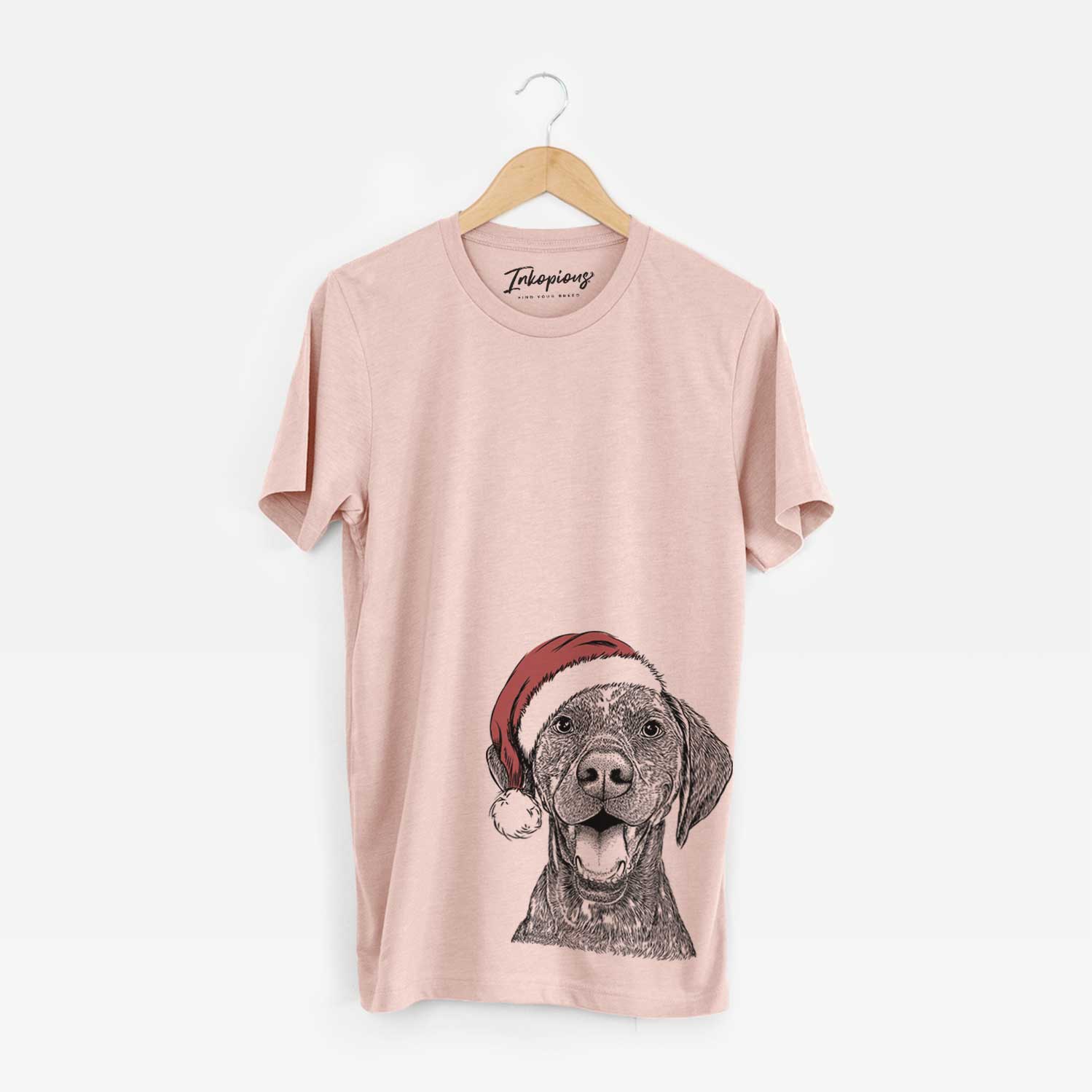 Hand-drawn sketch of Hudson the German Shorthaired Pointer wearing a Santa hat on a Peach Unisex crewneck