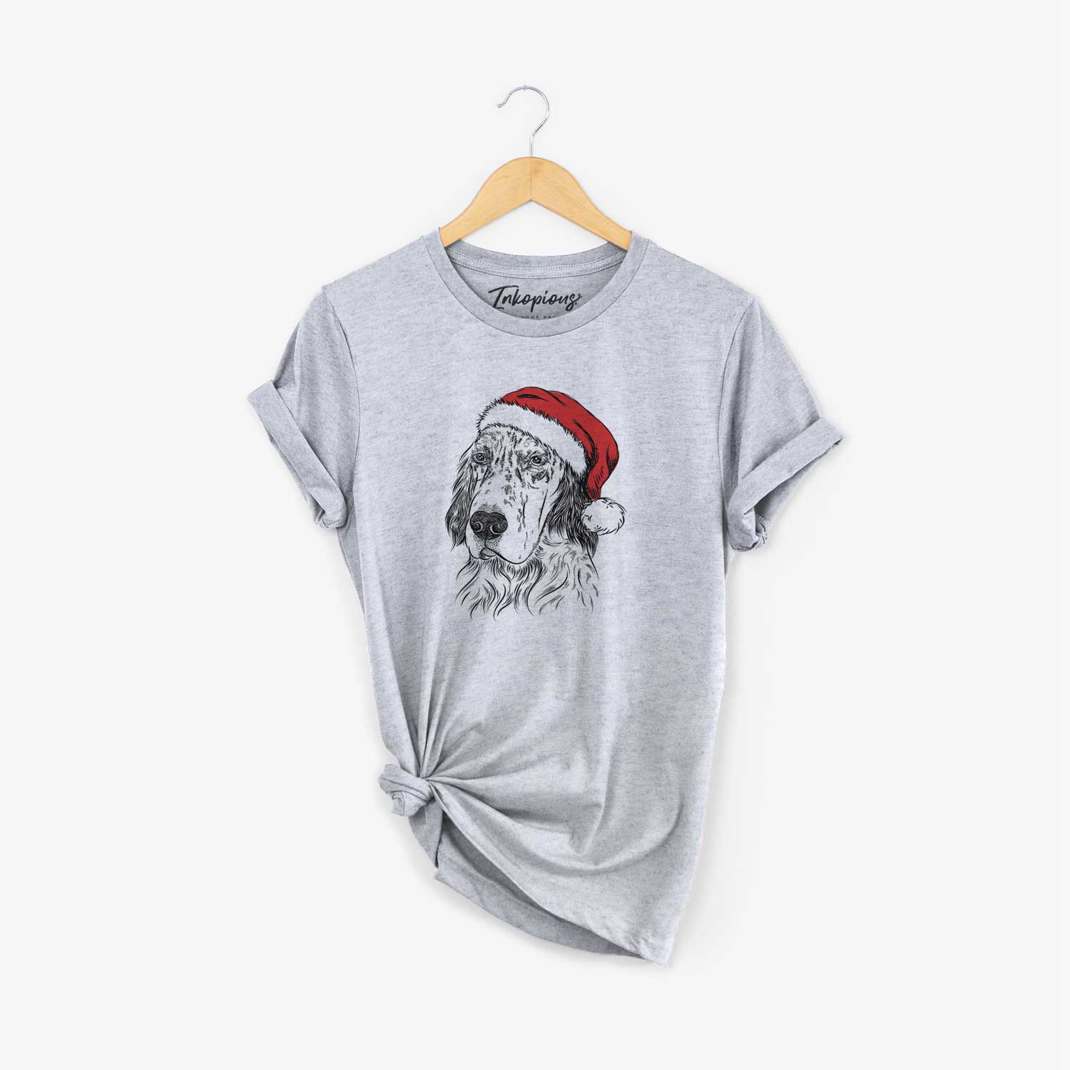 Hand-drawn sketch of Hutch the English Setter wearing a Santa hat on a Grey Unisex crewneck