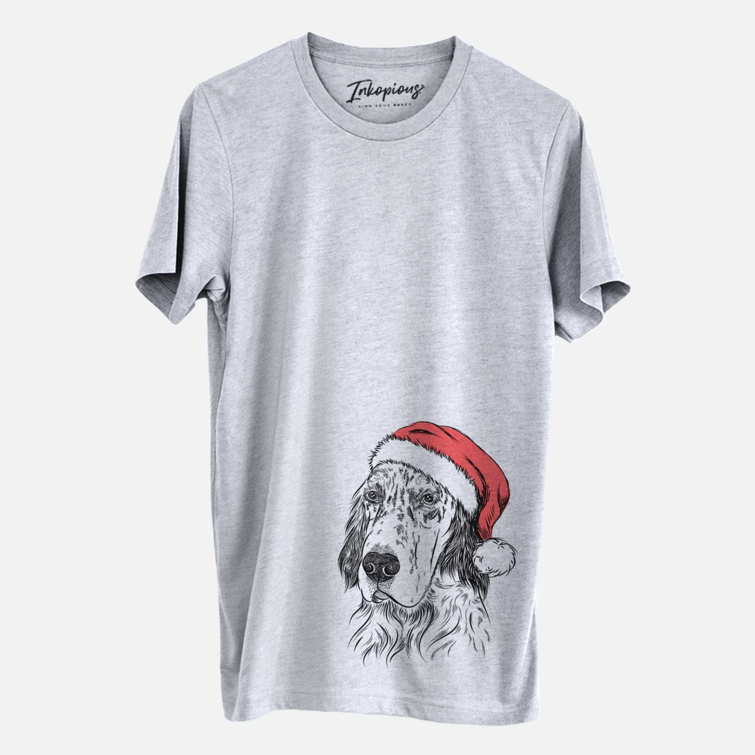 Hand-drawn sketch of Hutch the English Setter wearing a Santa hat on a Grey Unisex crewneck