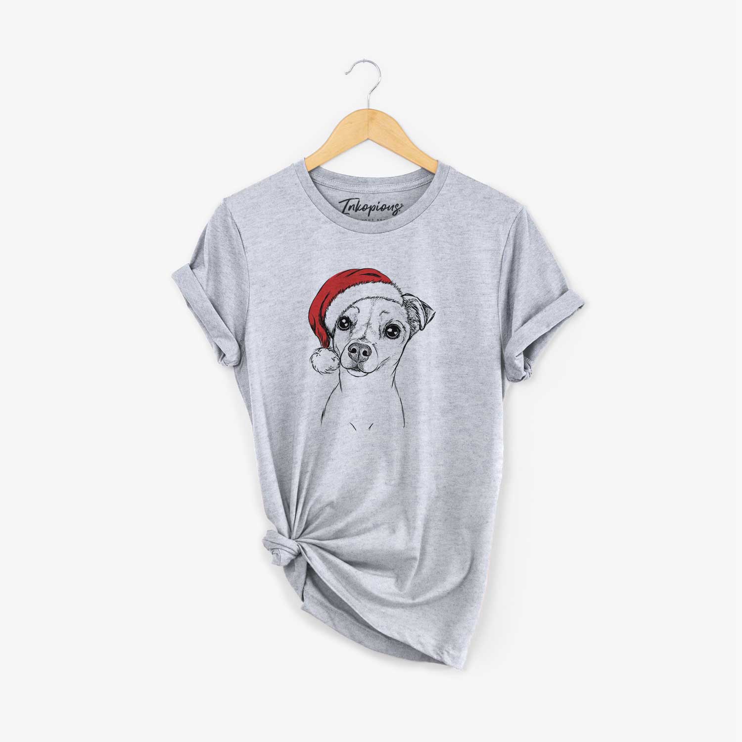 Hand-drawn sketch of Izzy the Chiweenie wearing a Santa hat on a Grey Unisex crewneck