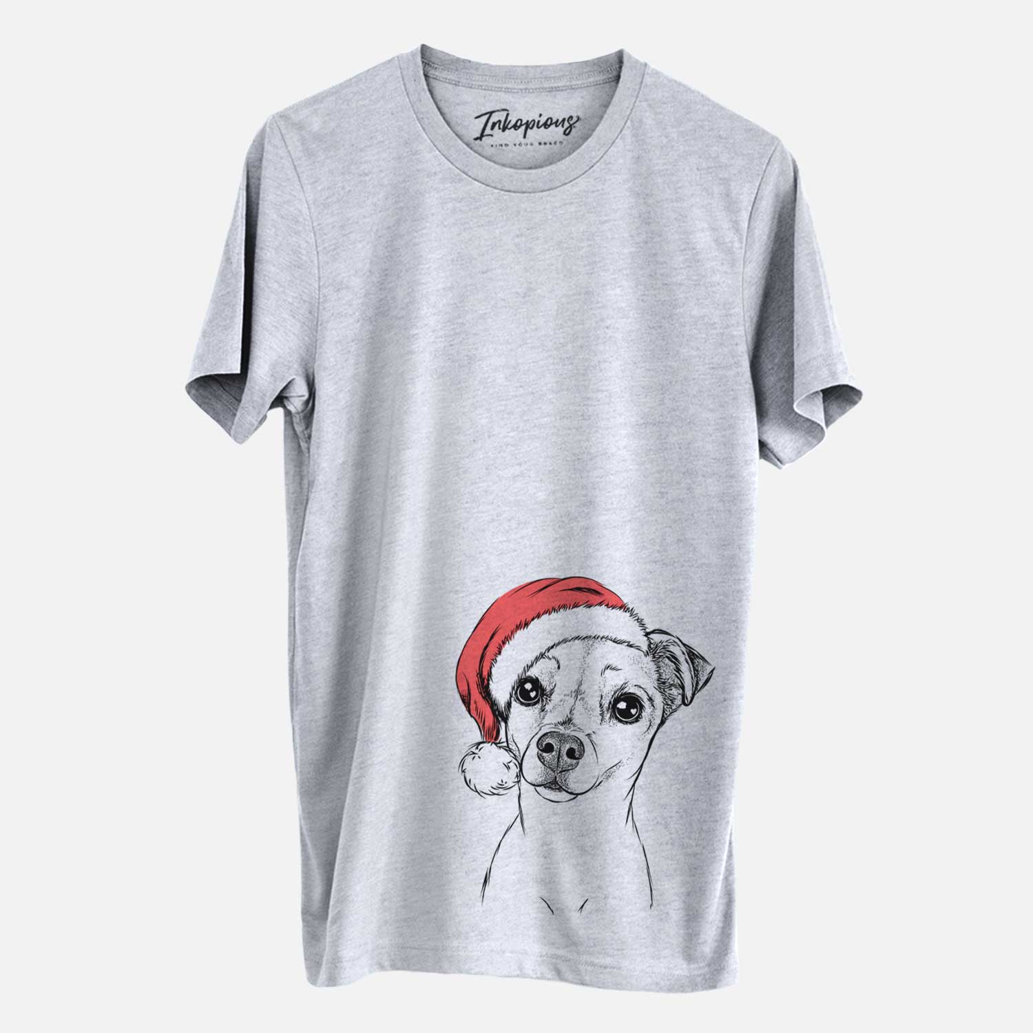Hand-drawn sketch of Izzy the Chiweenie wearing a Santa hat on a Grey Unisex crewneck