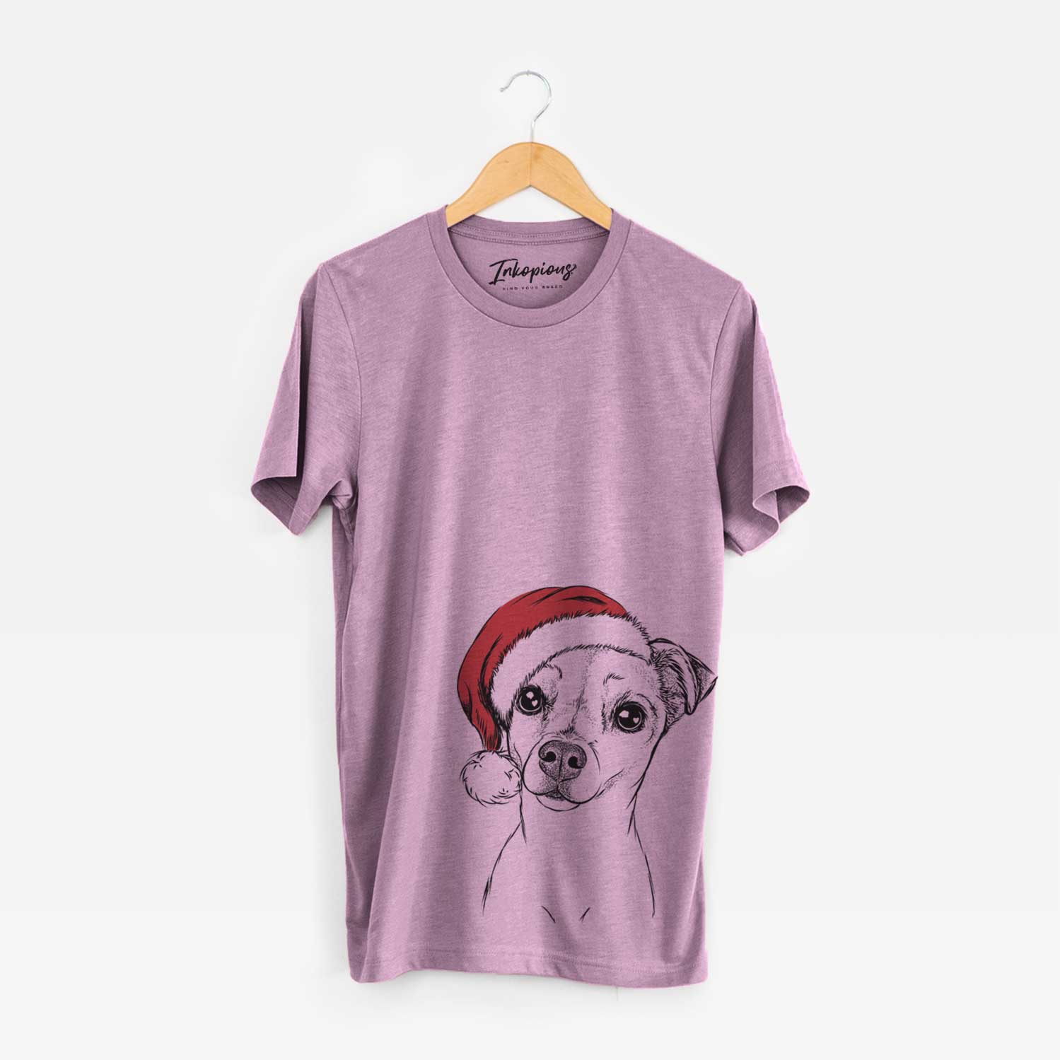 Hand-drawn sketch of Izzy the Chiweenie wearing a Santa hat on an Orchid Unisex crewneck
