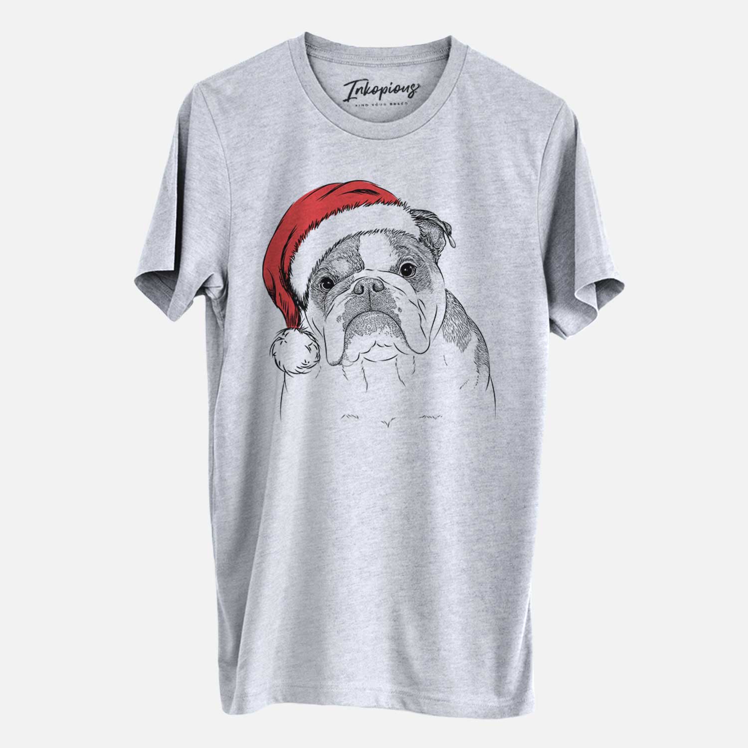 Hand-drawn sketch of Jack the English Bulldog wearing a Santa hat on a Grey Unisex crewneck