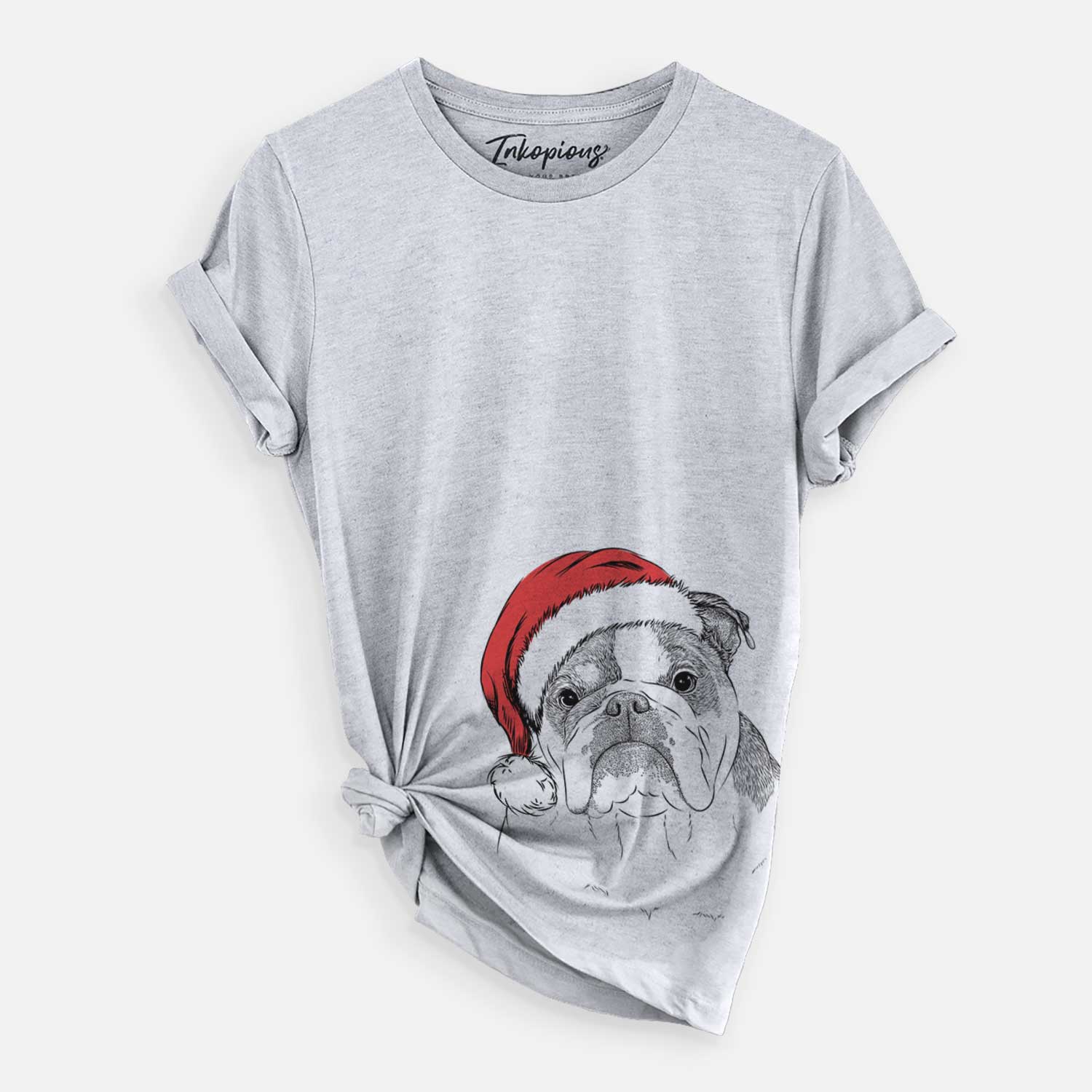 Hand-drawn sketch of Jack the English Bulldog wearing a Santa hat on a Grey Unisex crewneck