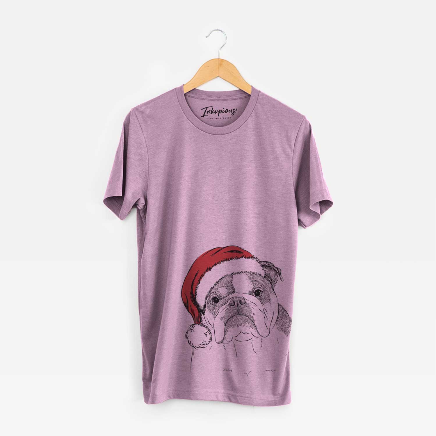 Hand-drawn sketch of Jack the English Bulldog wearing a Santa hat on an Orchid Unisex crewneck