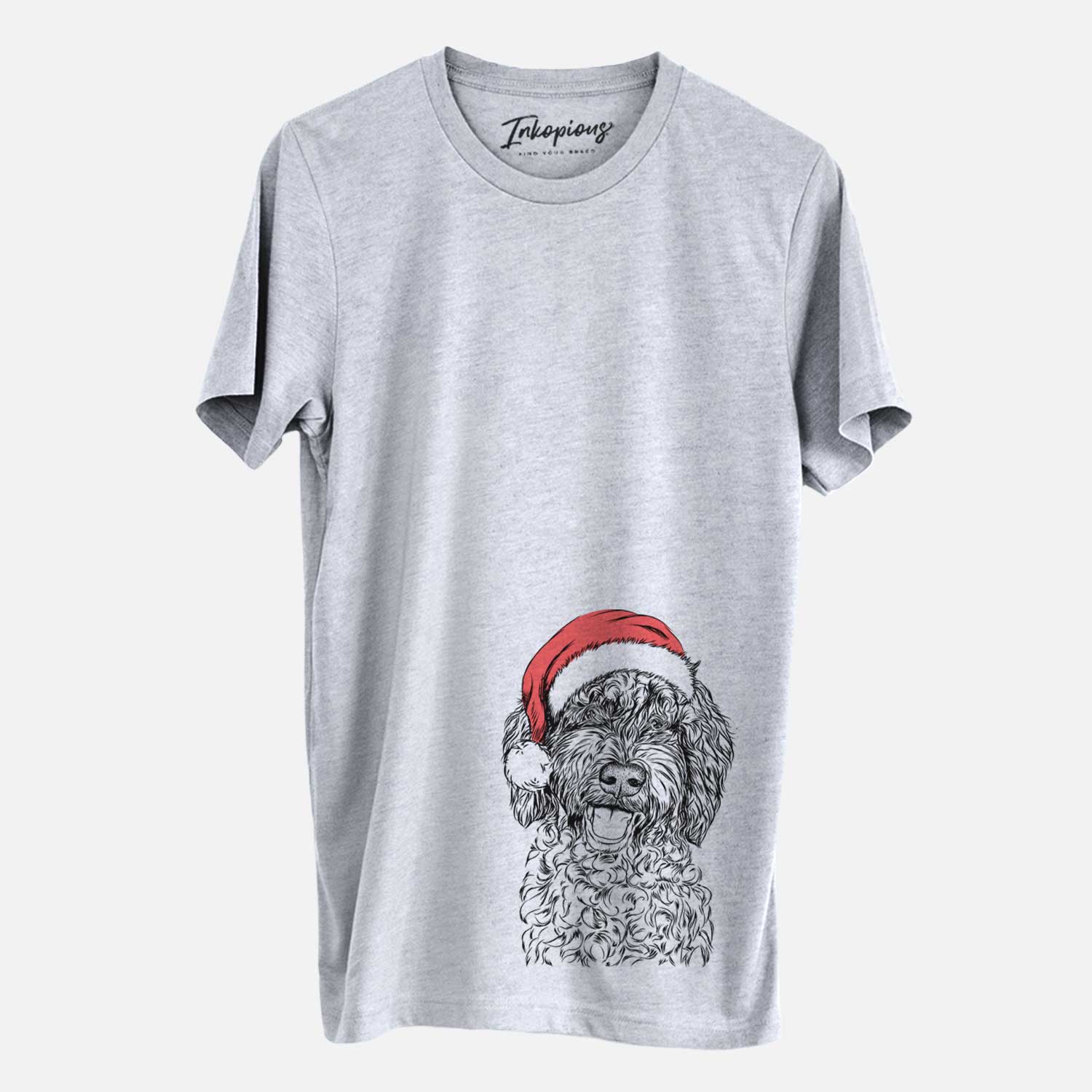 Hand-drawn sketch of Jack the Chocolate Labradoodle wearing a Santa hat on a Grey Unisex crewneck