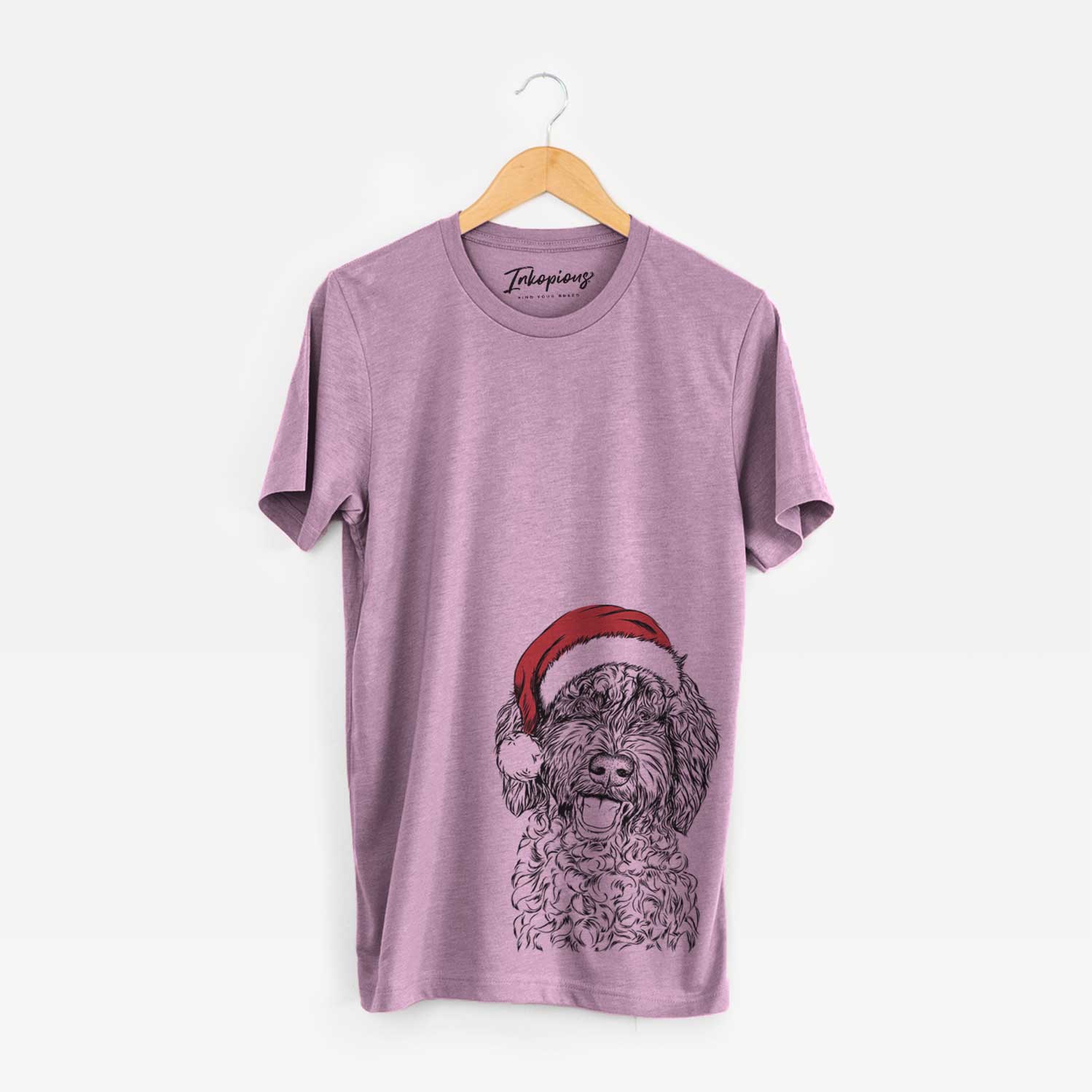 Hand-drawn sketch of Jack the Chocolate Labradoodle wearing a Santa hat on an Orchid Unisex crewneck