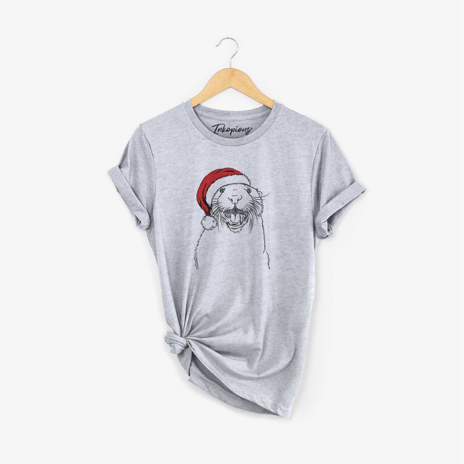 Hand-drawn sketch of Jasper the River Otter wearing a Santa hat on a Grey Unisex crewneck