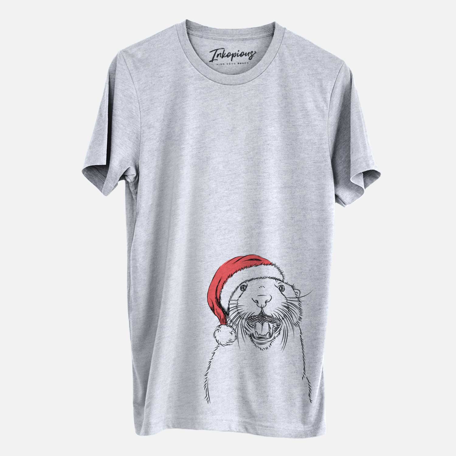 Hand-drawn sketch of Jasper the River Otter wearing a Santa hat on a Grey Unisex crewneck