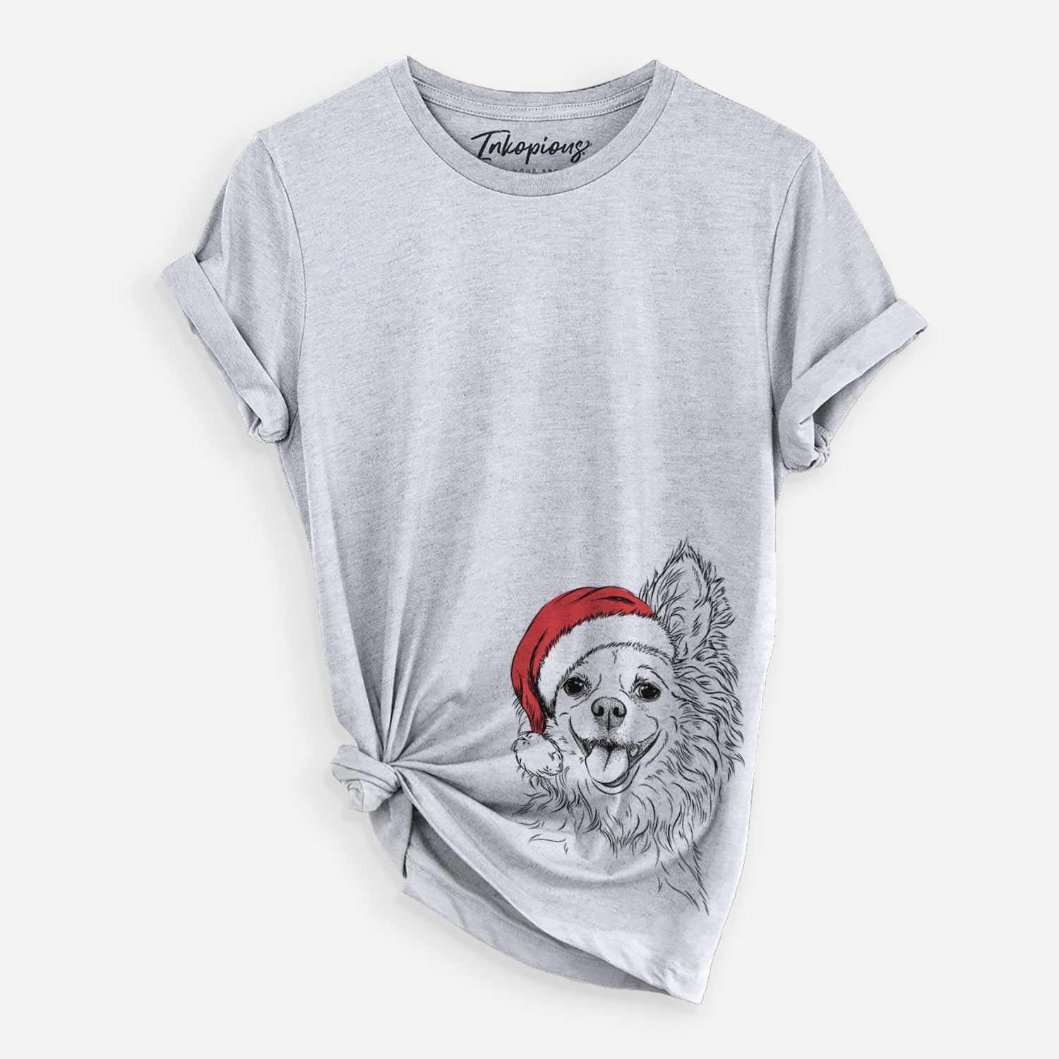 Hand-drawn sketch of Jasper the Pomchi wearing a Santa hat on a Grey Unisex crewneck