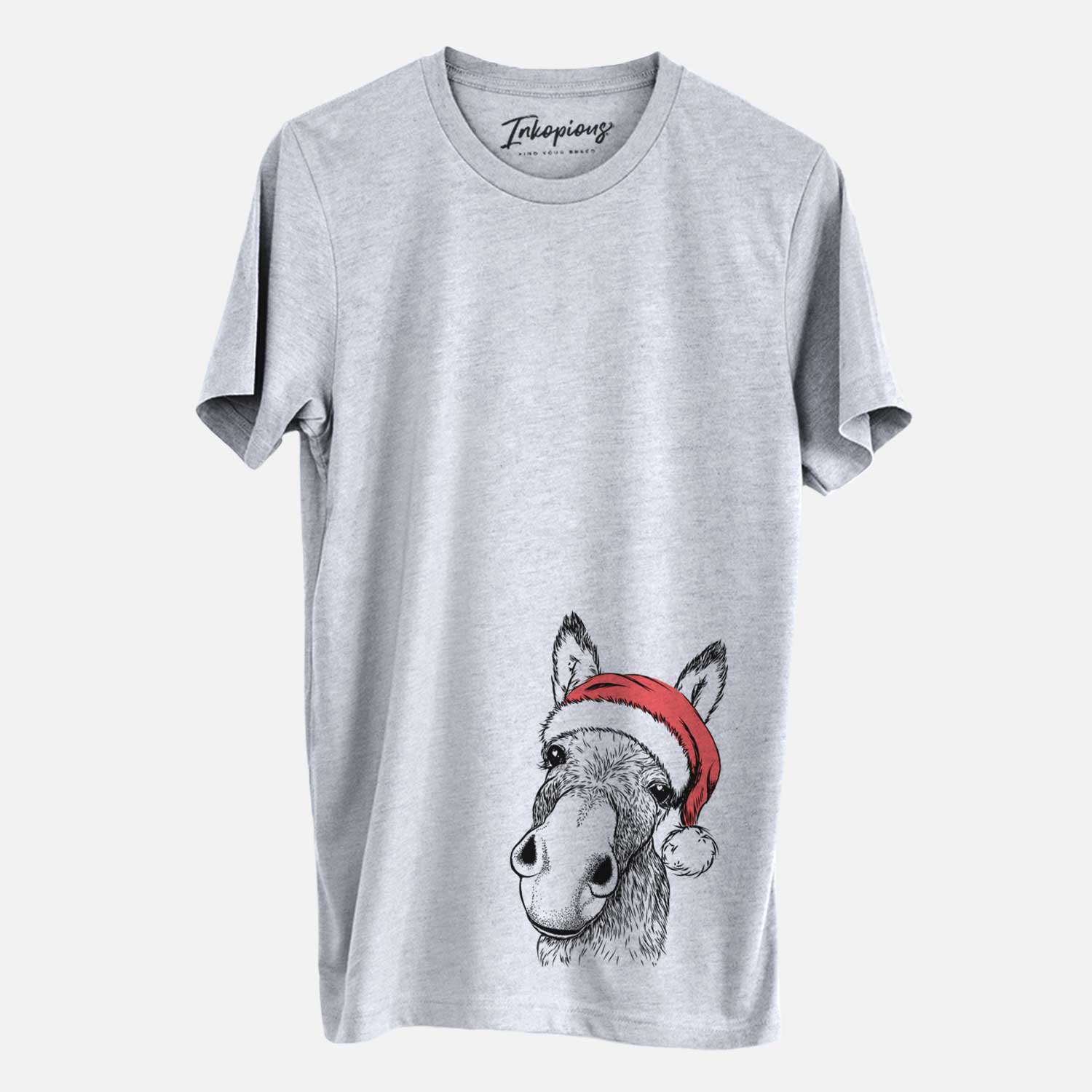 Hand-drawn sketch of Jenny the Donkey wearing a Santa hat on a Grey Unisex crewneck