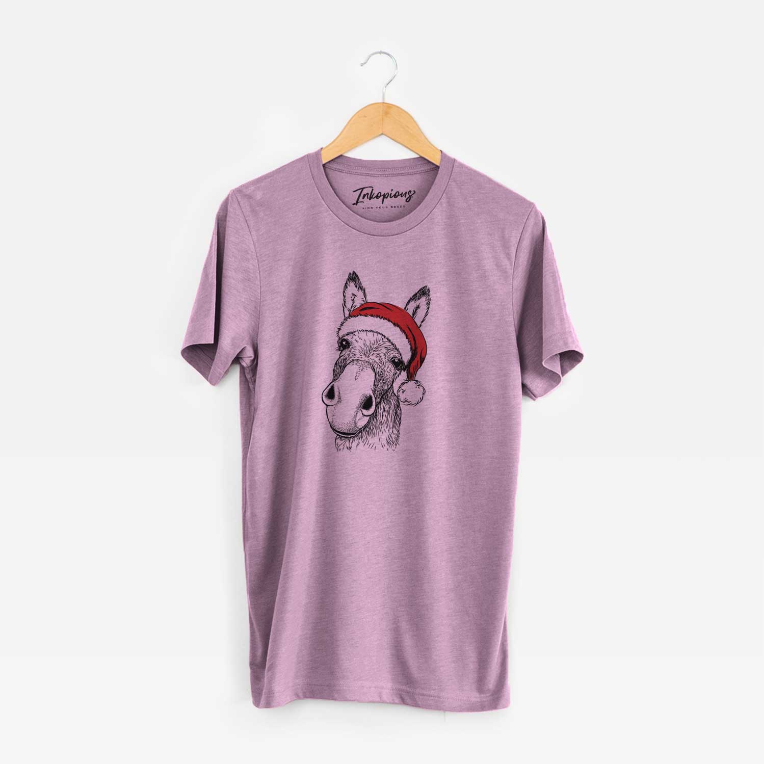 Hand-drawn sketch of Jenny the Donkey wearing a Santa hat on an Orchid Unisex crewneck