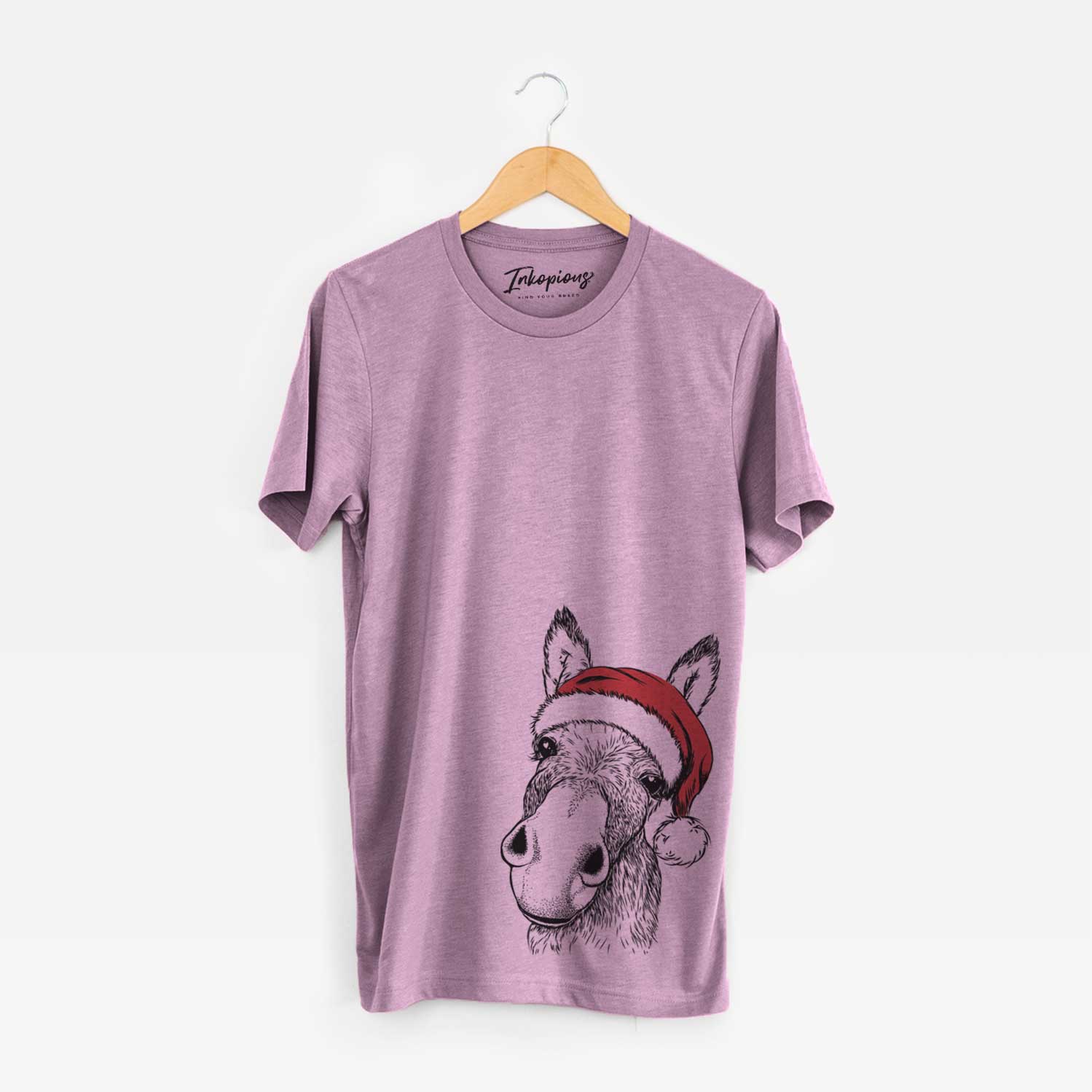 Hand-drawn sketch of Jenny the Donkey wearing a Santa hat on an Orchid Unisex crewneck