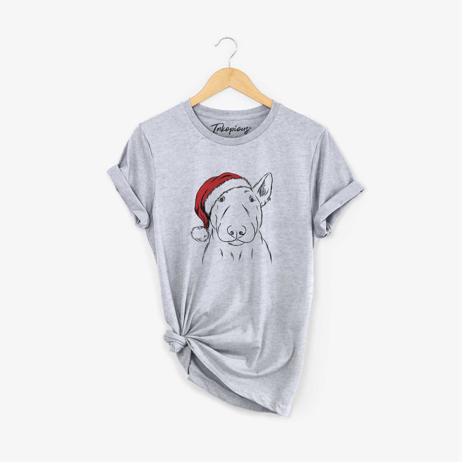 Hand-drawn sketch of Jett the Bull Terrier wearing a Santa hat on a Grey Unisex crewneck
