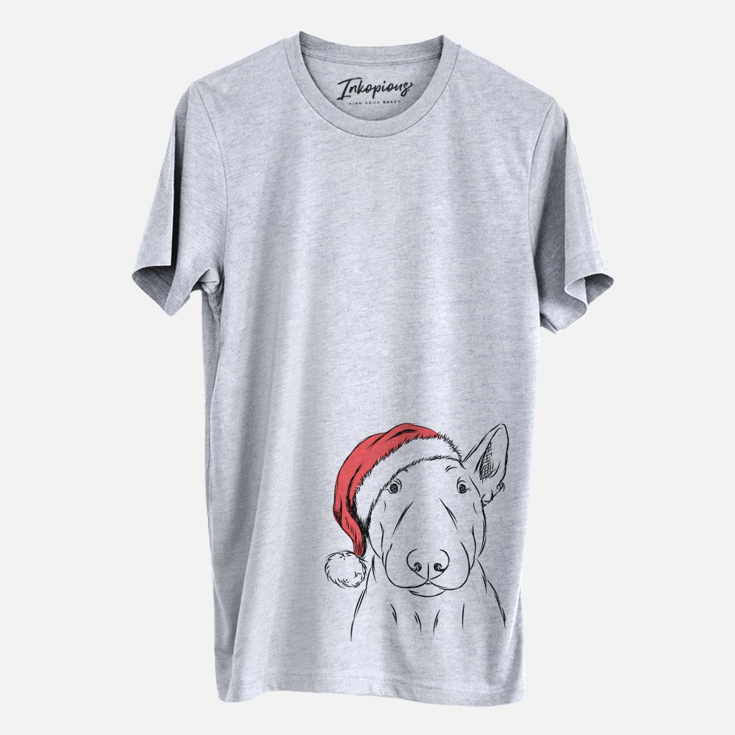 Hand-drawn sketch of Jett the Bull Terrier wearing a Santa hat on a Grey Unisex crewneck