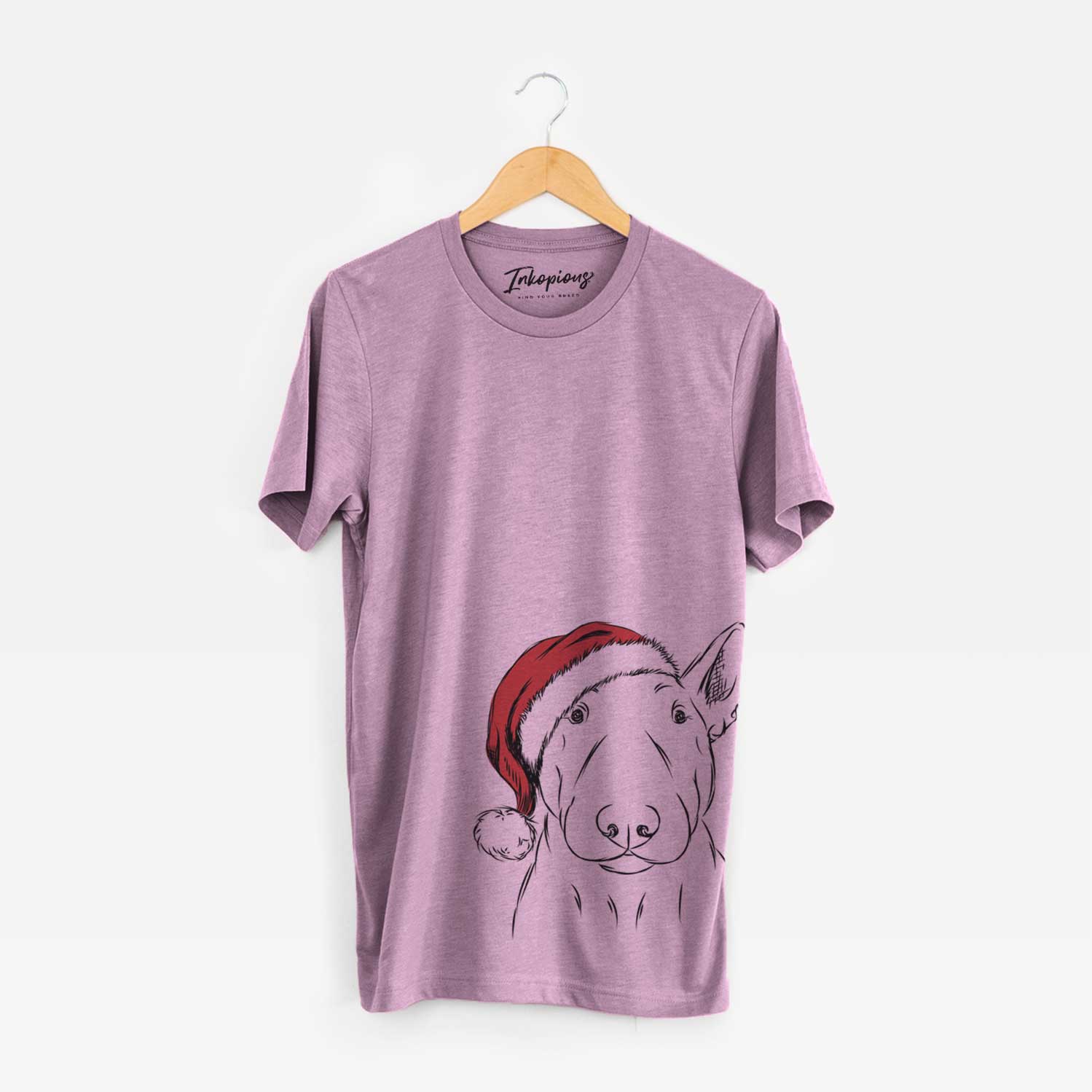 Hand-drawn sketch of Jett the Bull Terrier wearing a Santa hat on an Orchid Unisex crewneck