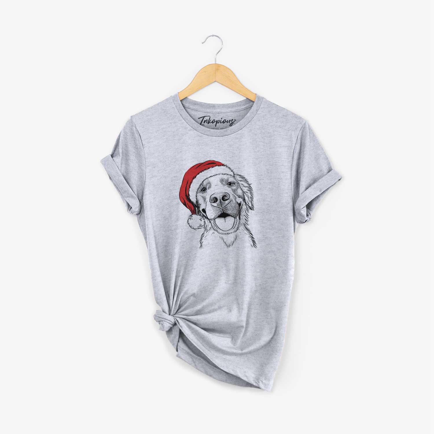 Hand-drawn sketch of Jordy the Golden Retriever wearing a Santa hat on a Grey Unisex crewneck