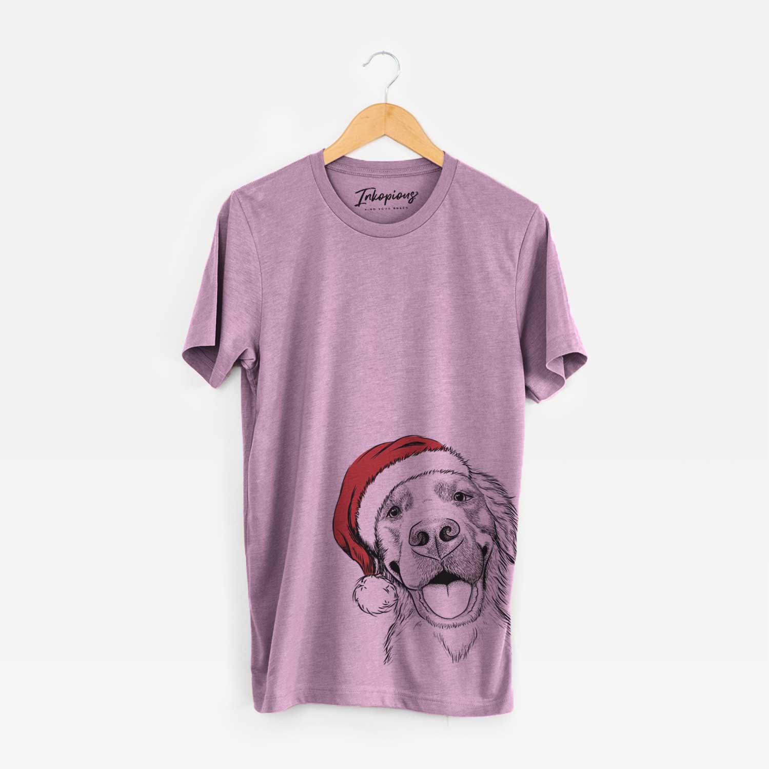 Hand-drawn sketch of Jordy the Golden Retriever wearing a Santa hat on an Orchid Unisex crewneck