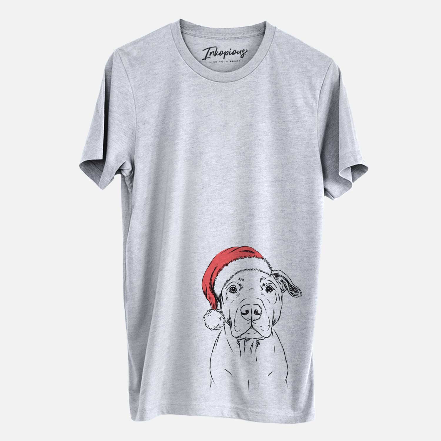 Hand-drawn sketch of Kadin the Pitbull wearing a Santa hat on a Grey Unisex crewneck
