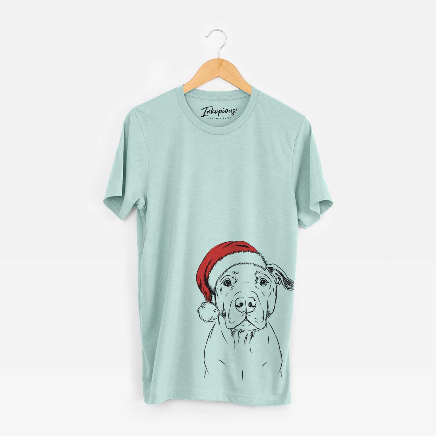 Hand-drawn sketch of Kadin the Pitbull wearing a Santa hat on a Heather Sage Unisex crewneck