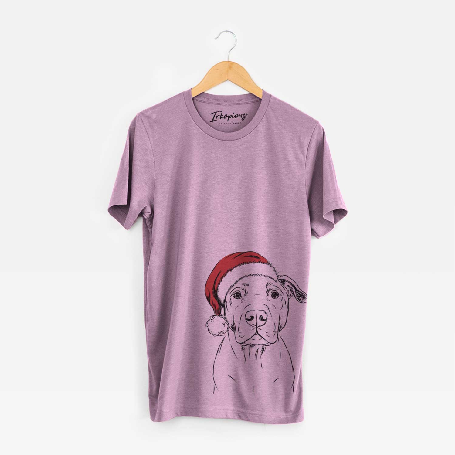 Hand-drawn sketch of Kadin the Pitbull wearing a Santa hat on an Orchid Unisex crewneck