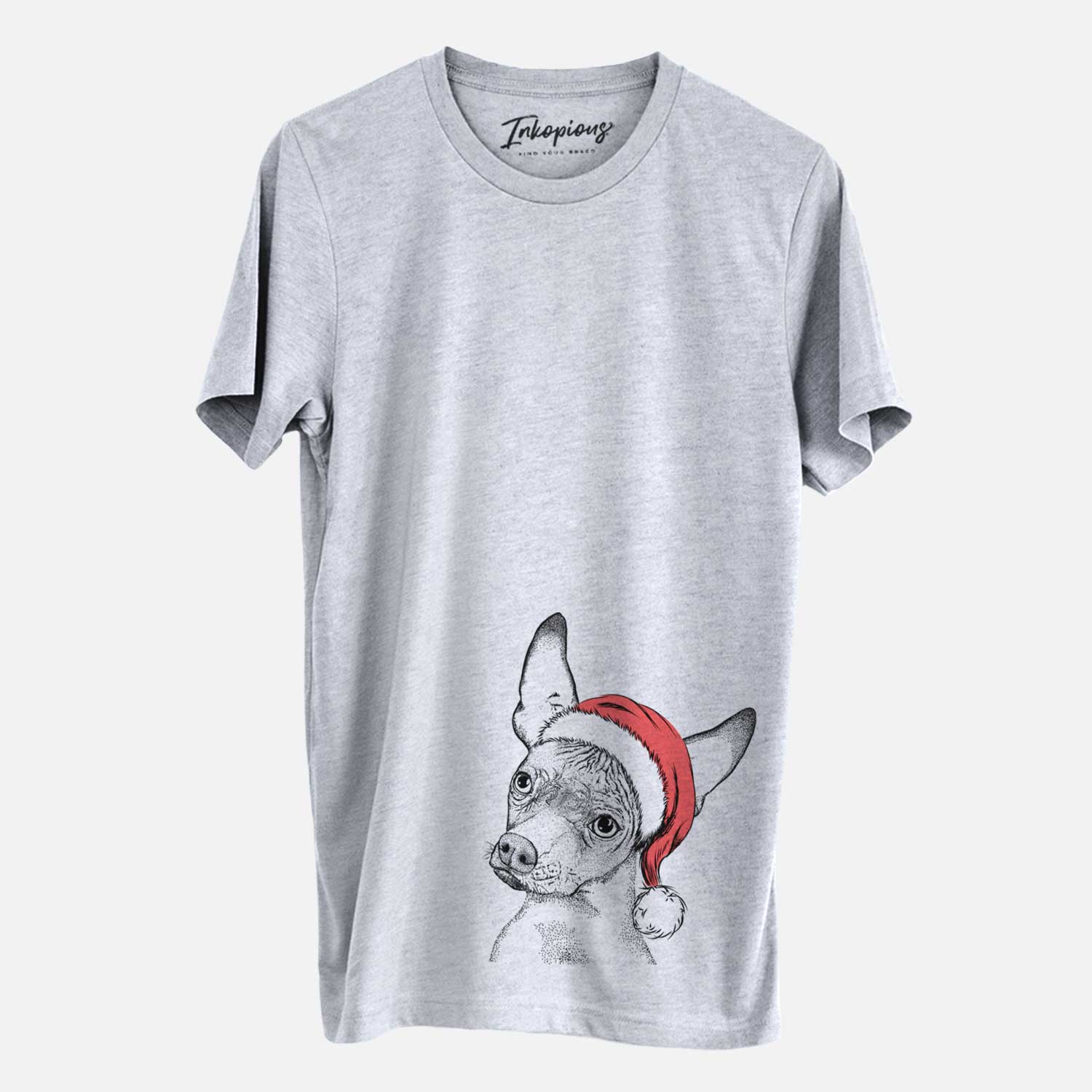 Hand-drawn sketch of Kahlo the Xoloitzcuintli wearing a Santa hat on a Grey Unisex crewneck