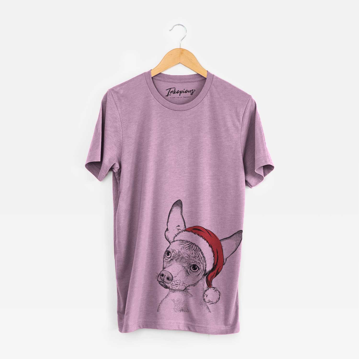 Hand-drawn sketch of Kahlo the Xoloitzcuintli wearing a Santa hat on an Orchid Unisex crewneck
