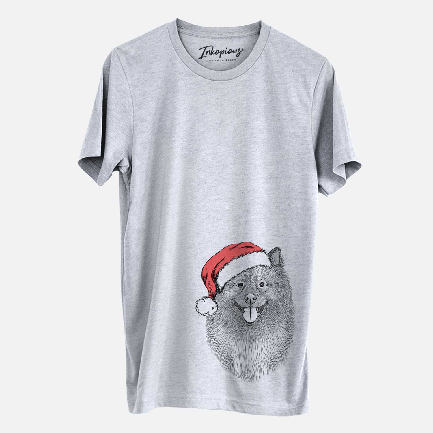 Hand-drawn sketch of Kai the Keeshond wearing a Santa hat on a Grey Unisex crewneck