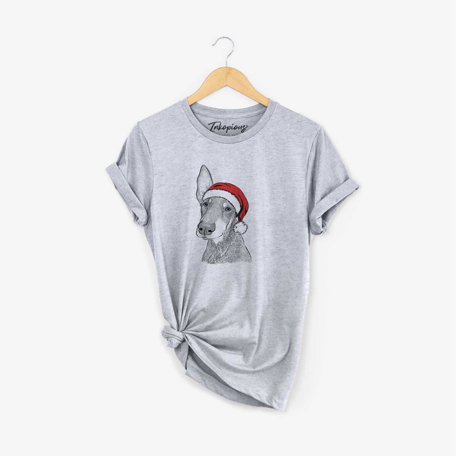 Hand-drawn sketch of Kain the Doberman Pinscher wearing a Santa hat on a Grey Unisex crewneck