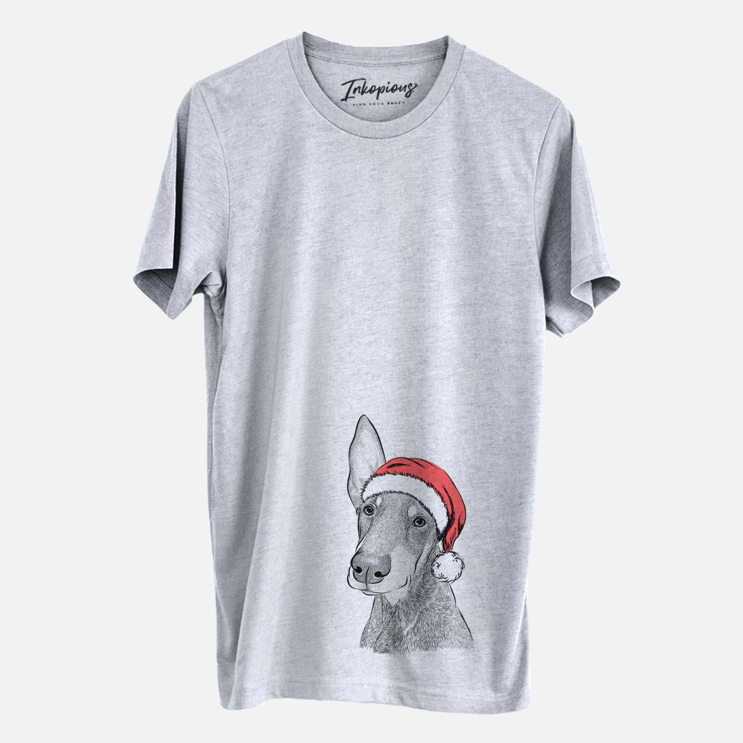 Hand-drawn sketch of Kain the Doberman Pinscher wearing a Santa hat on a Grey Unisex crewneck