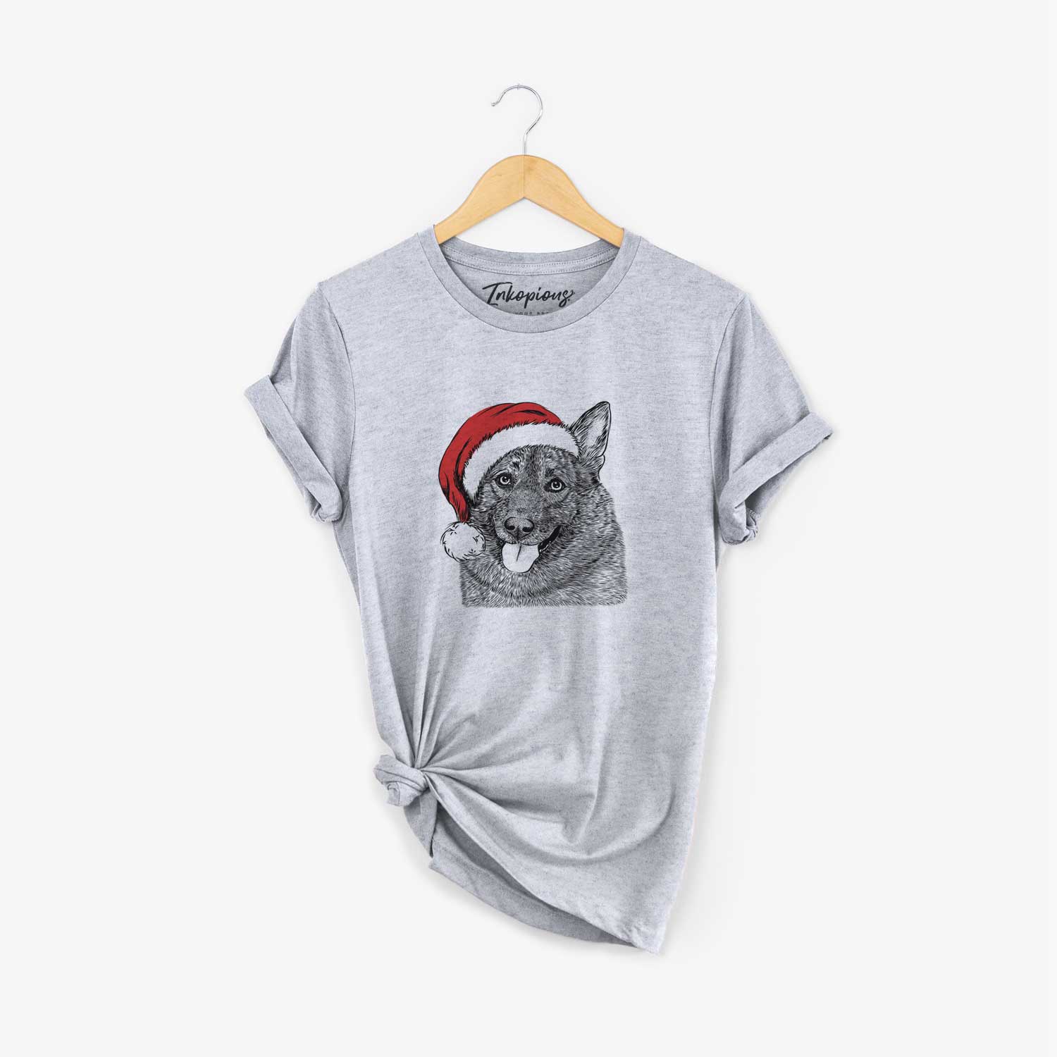 Hand-drawn sketch of Kasia the Norwegian Elkhound wearing a Santa hat on a Grey Unisex crewneck