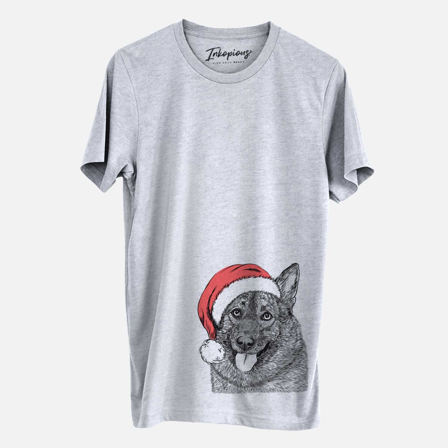 Hand-drawn sketch of Kasia the Norwegian Elkhound wearing a Santa hat on a Grey Unisex crewneck