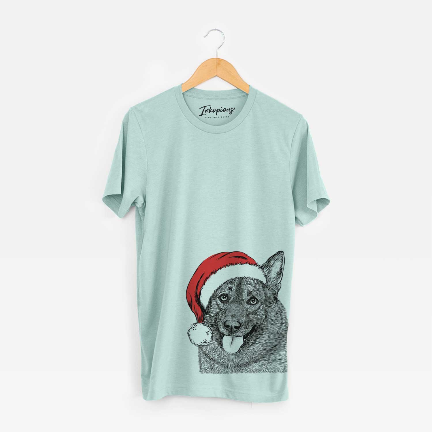 Hand-drawn sketch of Kasia the Norwegian Elkhound wearing a Santa hat on a Heather Sage Unisex crewneck
