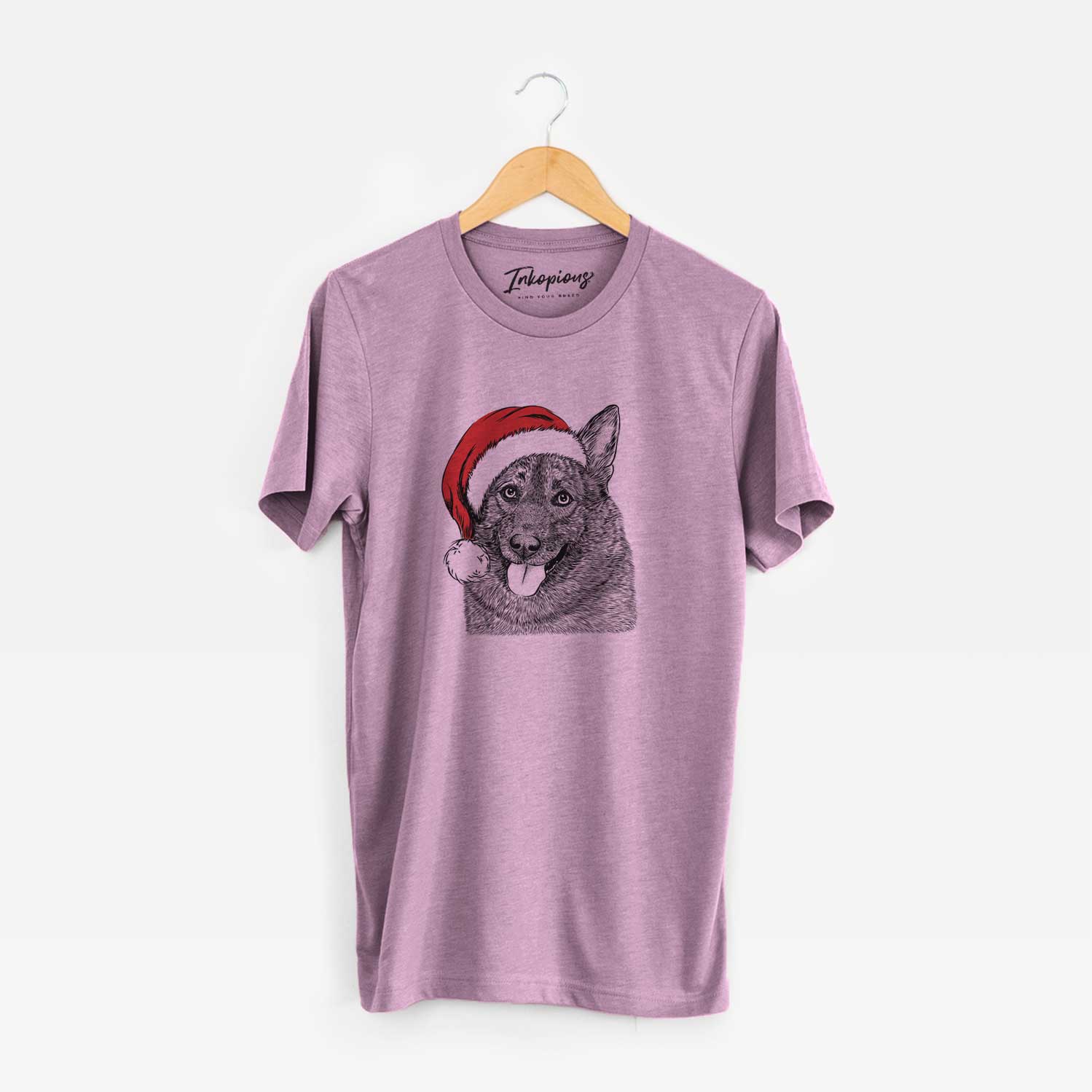 Hand-drawn sketch of Kasia the Norwegian Elkhound wearing a Santa hat on an Orchid Unisex crewneck