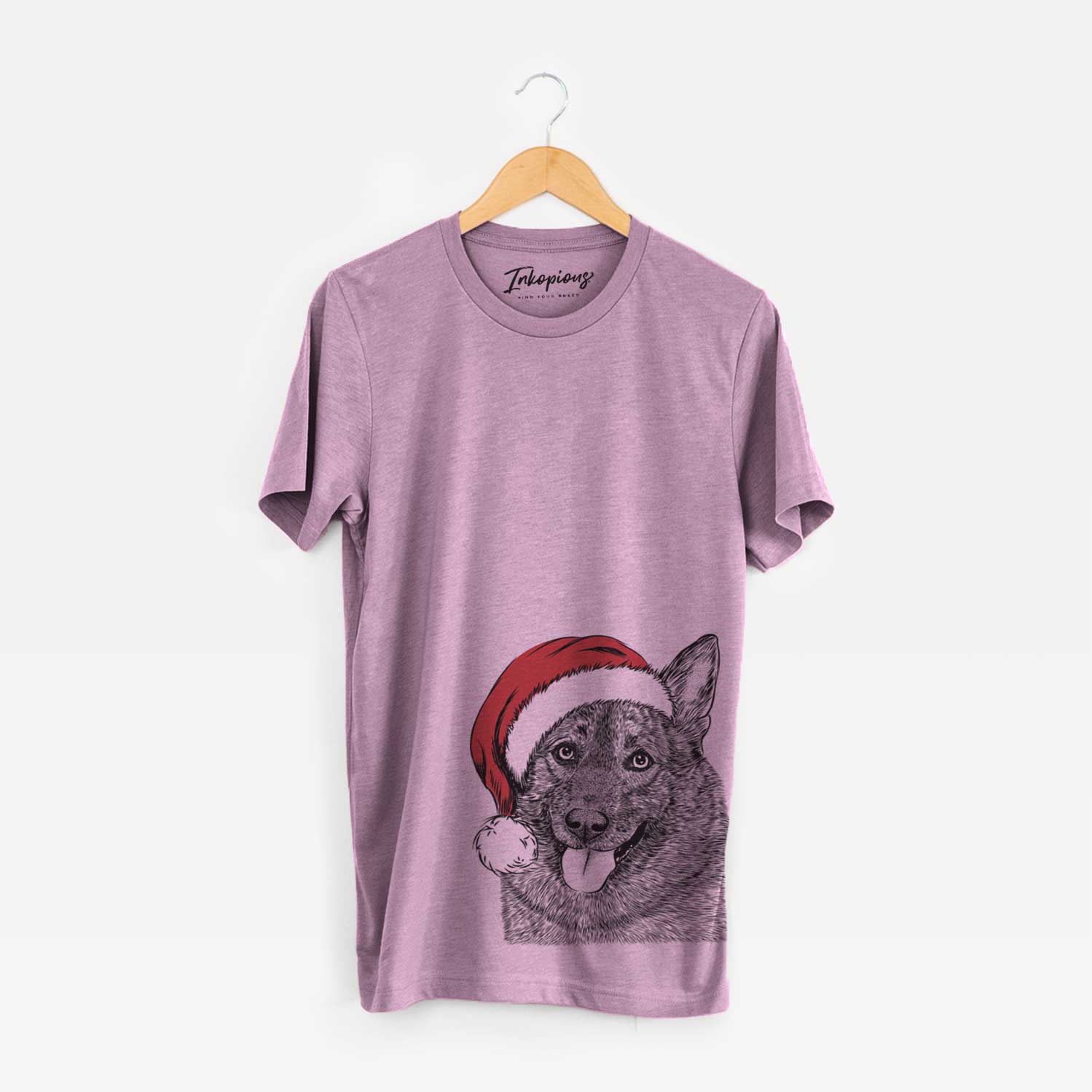 Hand-drawn sketch of Kasia the Norwegian Elkhound wearing a Santa hat on an Orchid Unisex crewneck