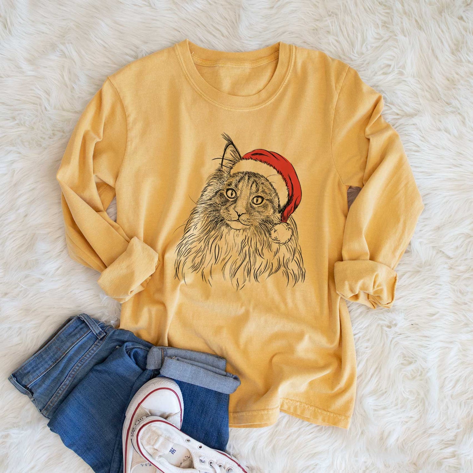 Santa Kiki the Maine Coon Cat - Heavyweight 100% Cotton Long Sleeve