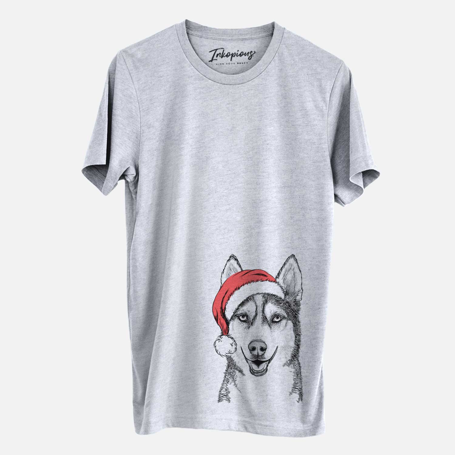 Hand-drawn sketch of Kira the Siberian Husky wearing a Santa hat on a Grey Unisex crewneck